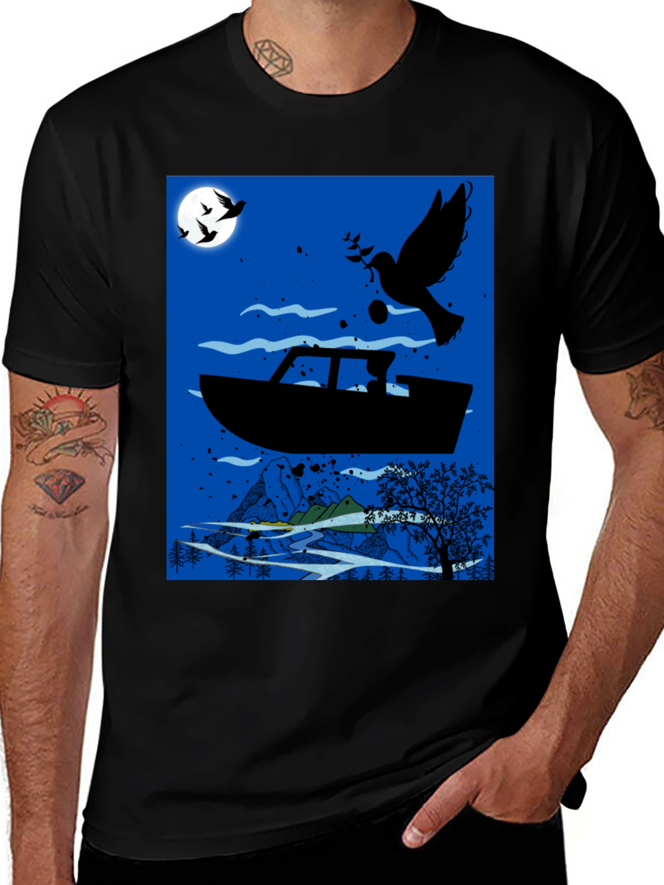Variant 28 of Peace Dove Boat Graphic Tee - Black Cotton Blend