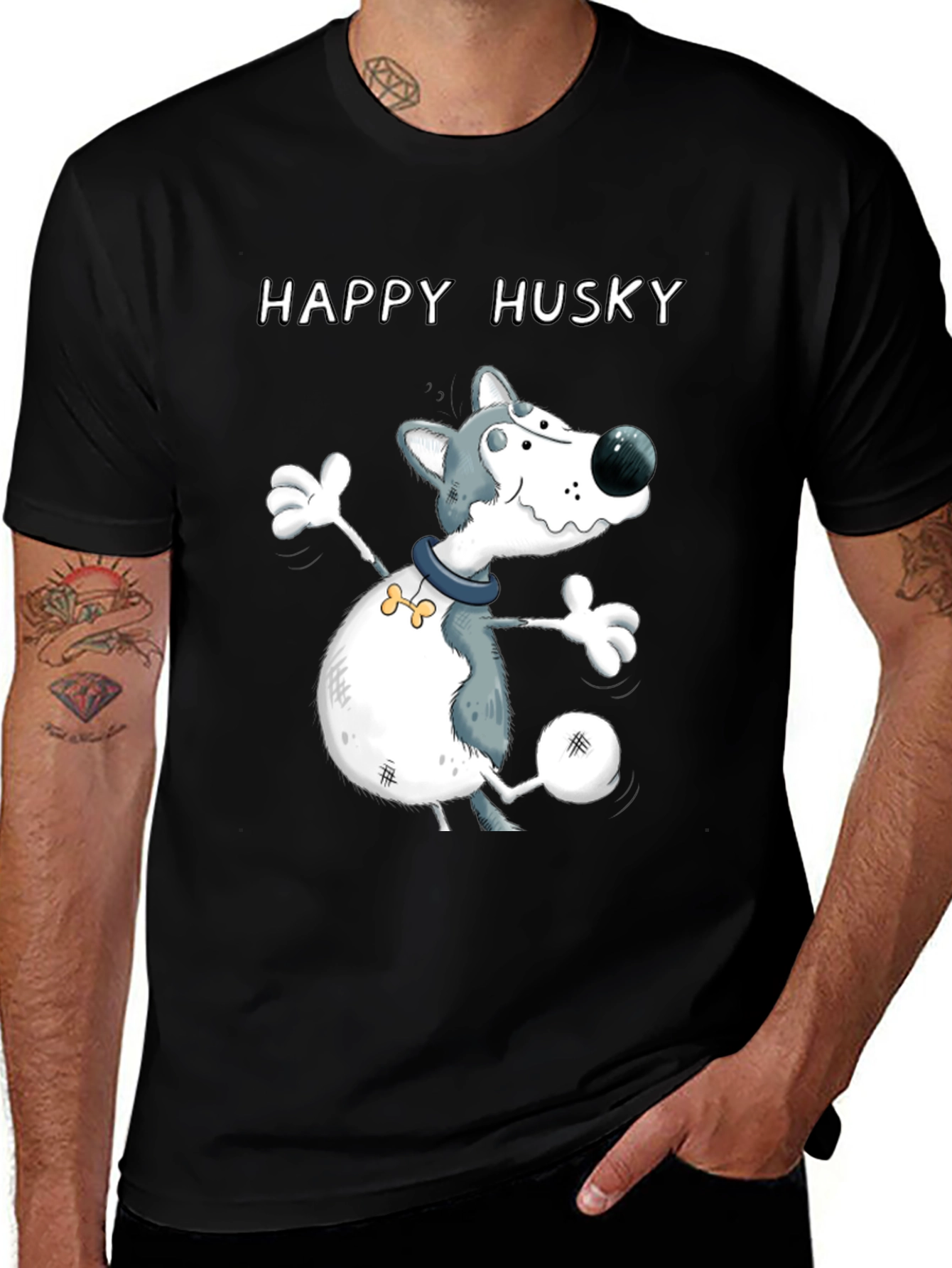 Variant 22 of Happy Husky Graphic T-Shirt - Black Cotton Tee