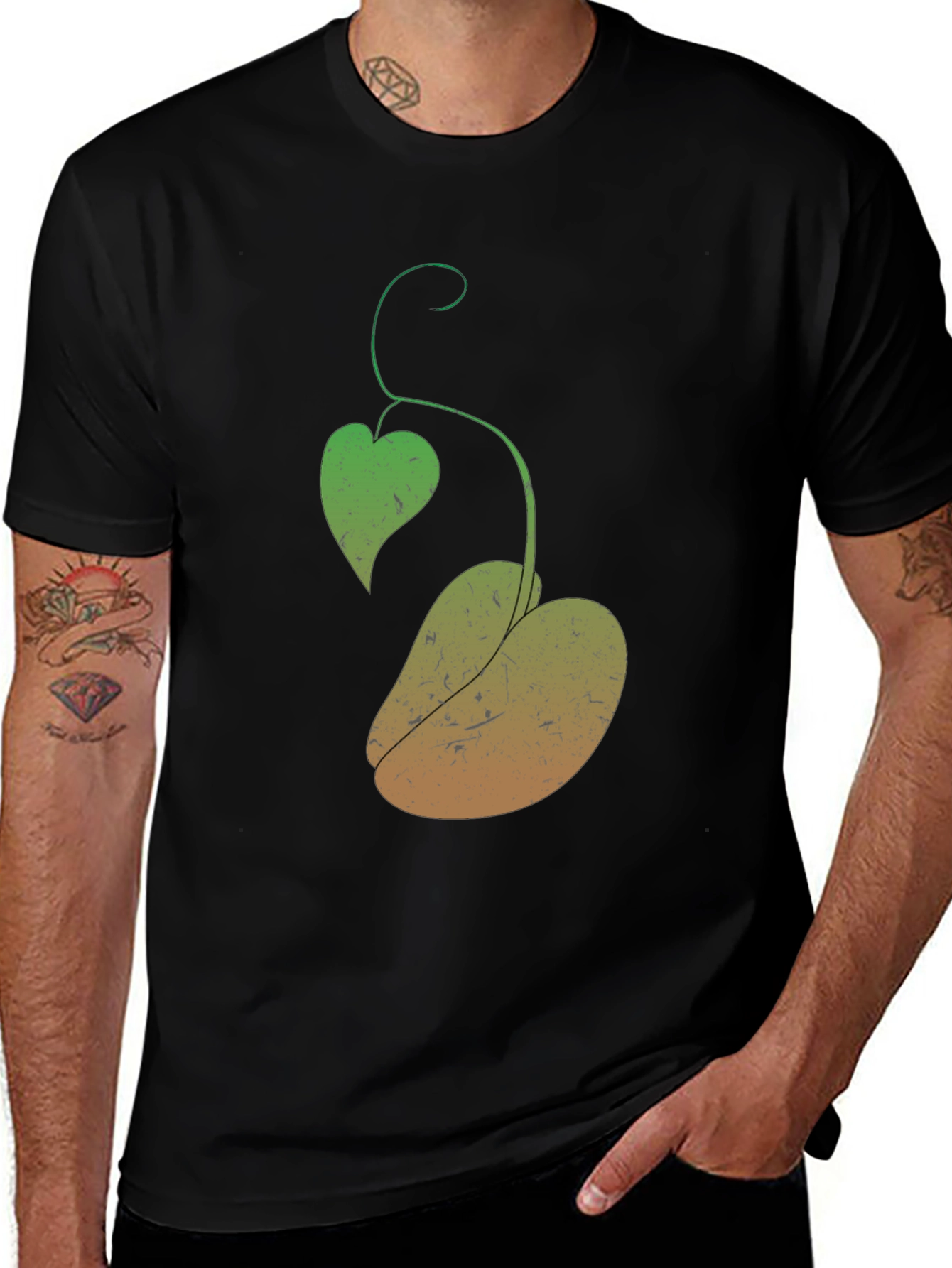Novelty Black T-Shirt with Plant Design