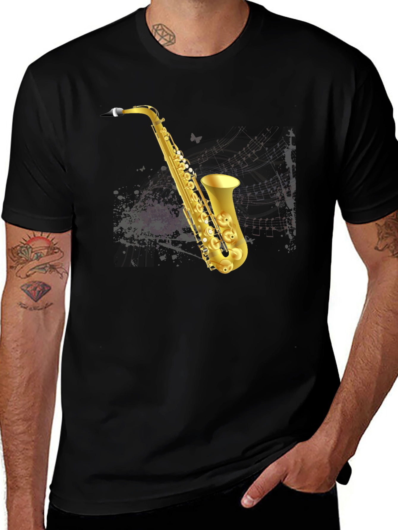 Variant 6 of Saxophone Graphic T-Shirt - Mens Black Tee