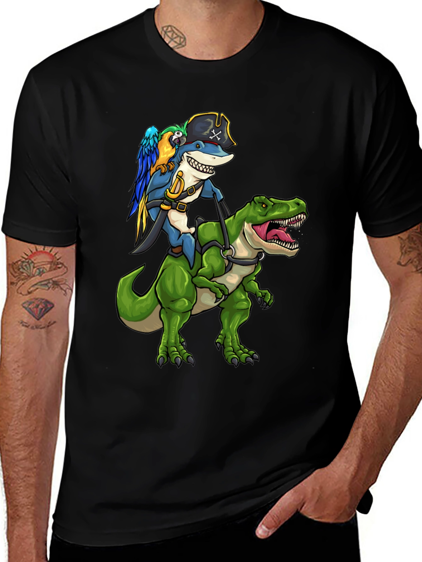 Variant 28 of Shark Pirate Riding Dinosaur Graphic Tee