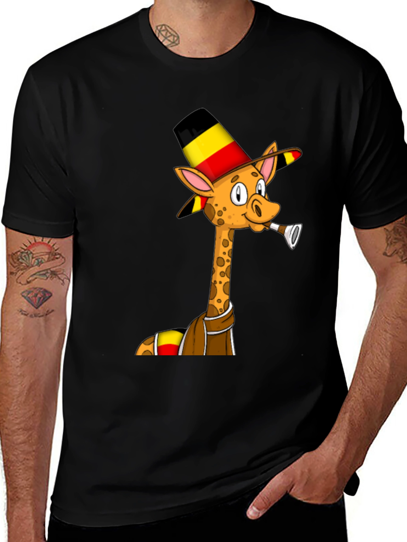 Variant 15 of Giraffe T-Shirt: Cartoon Giraffe Wearing a Belgian Flag Hat
