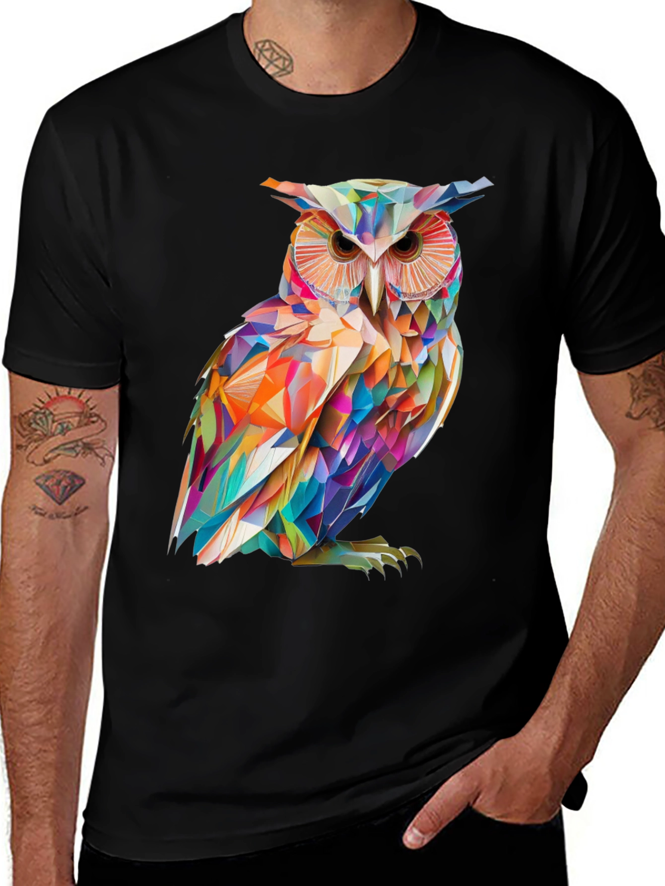 Variant 21 of Geometric Owl Print Black T-Shirt