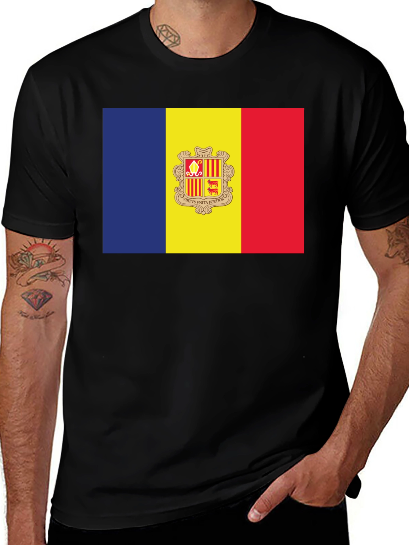 Andorra Flag T-Shirt - Black, Crew Neck, Short Sleeve