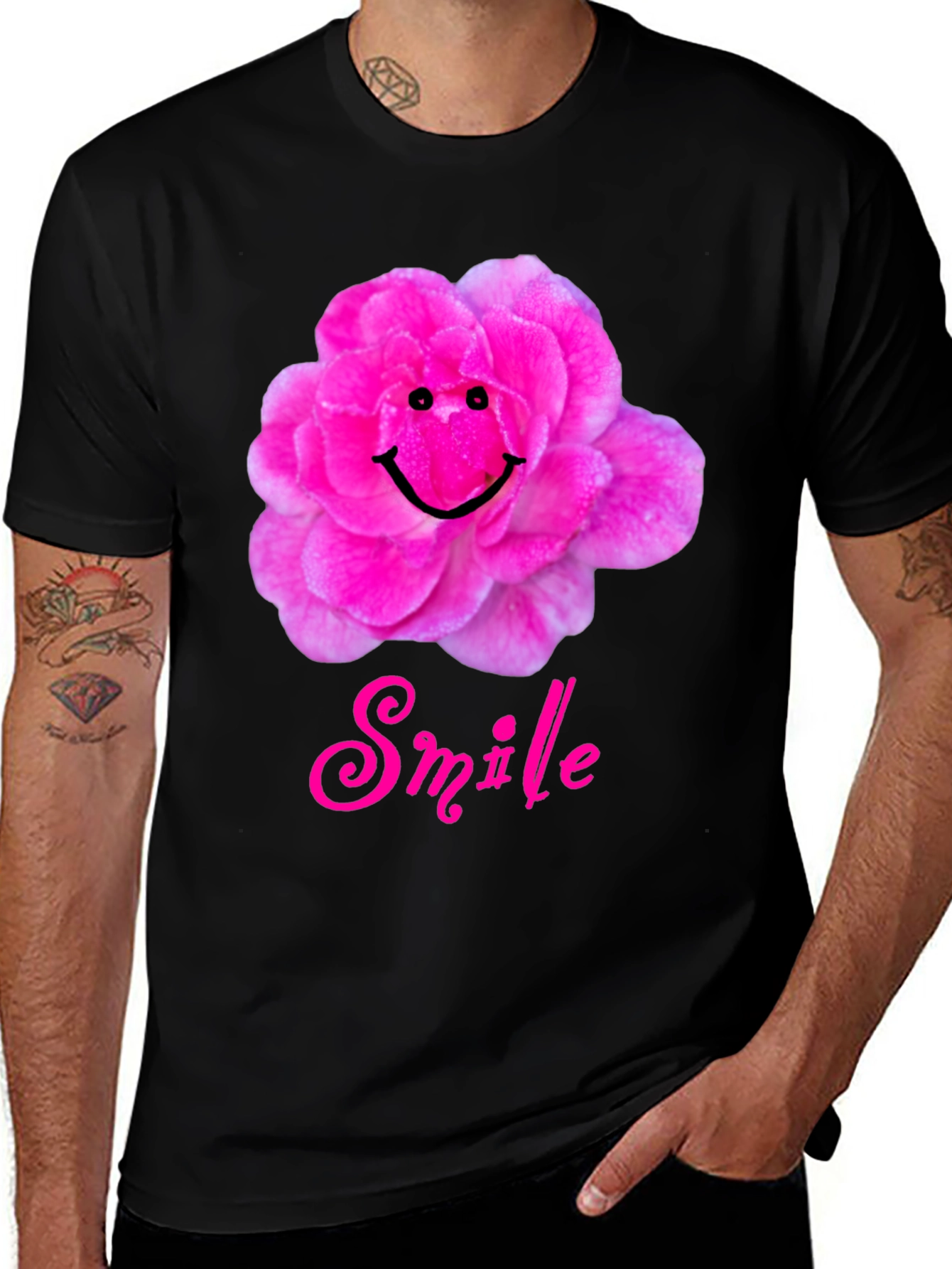 Variant 24 of Smile Flower Graphic T-Shirt - Black Casual Tee
