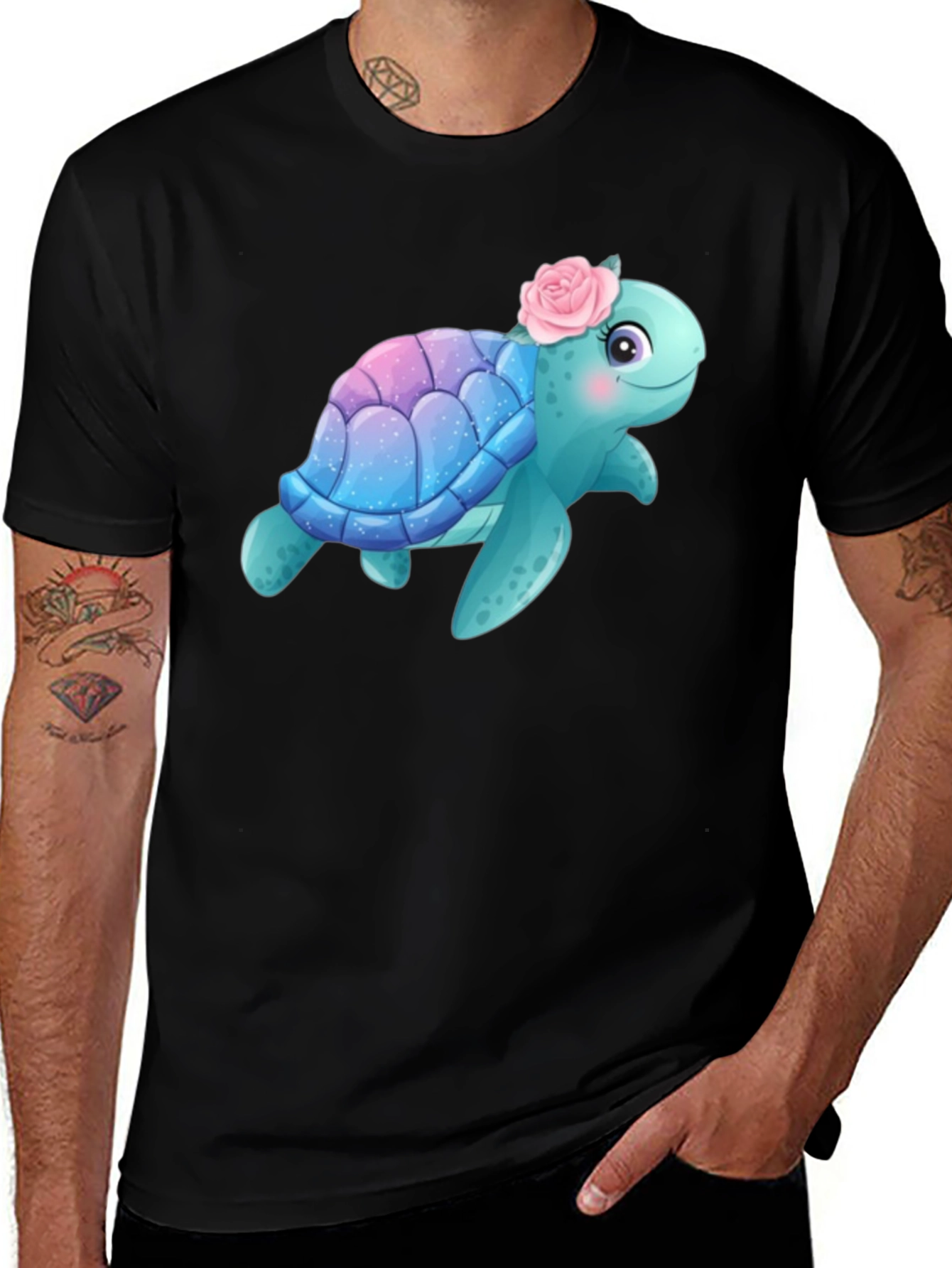 Variant 26 of Cute Turtle Graphic Tee - Black Cotton Shirt