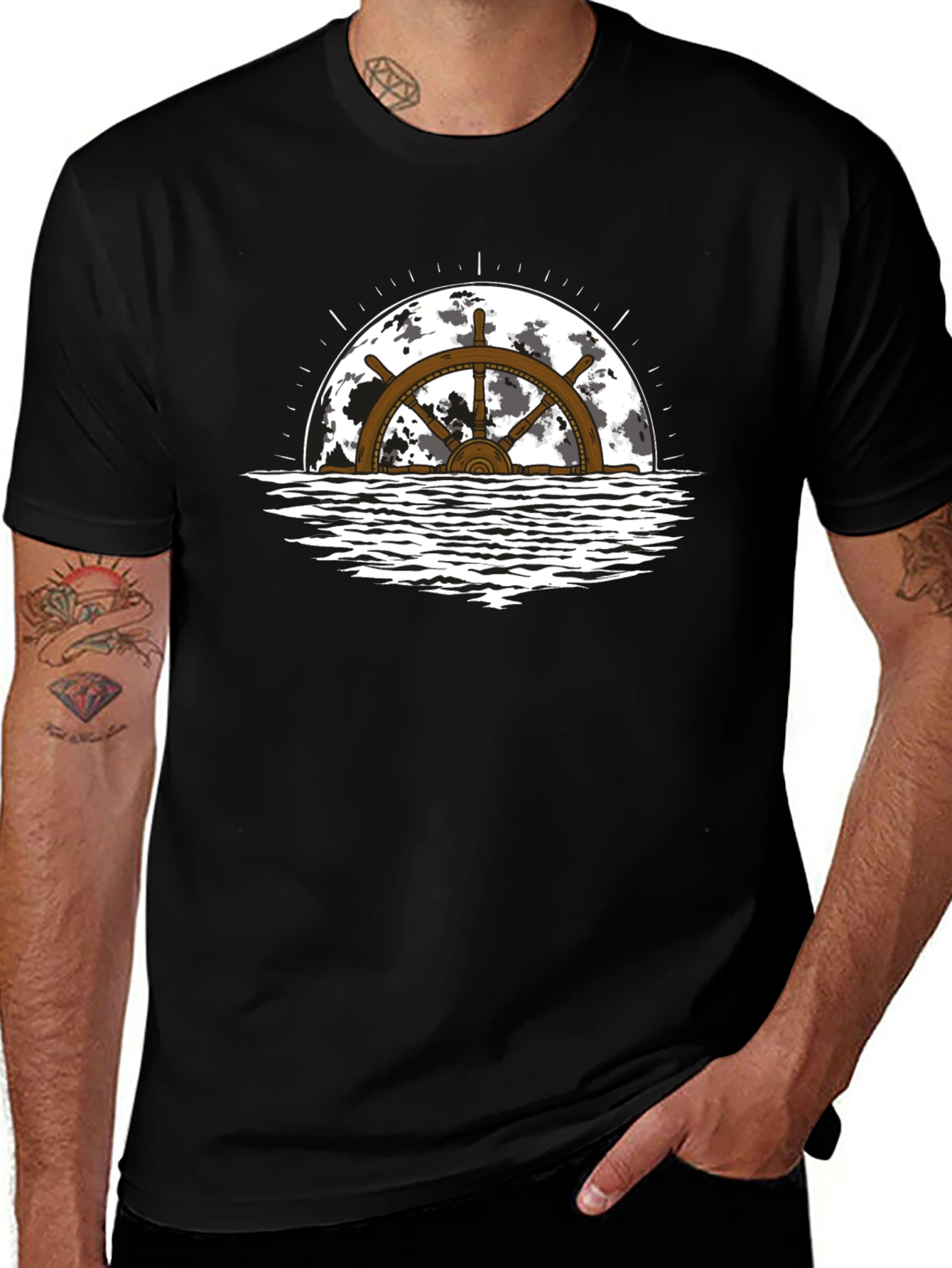 Variant 14 of Nautical Wheel Moon Black T-Shirt