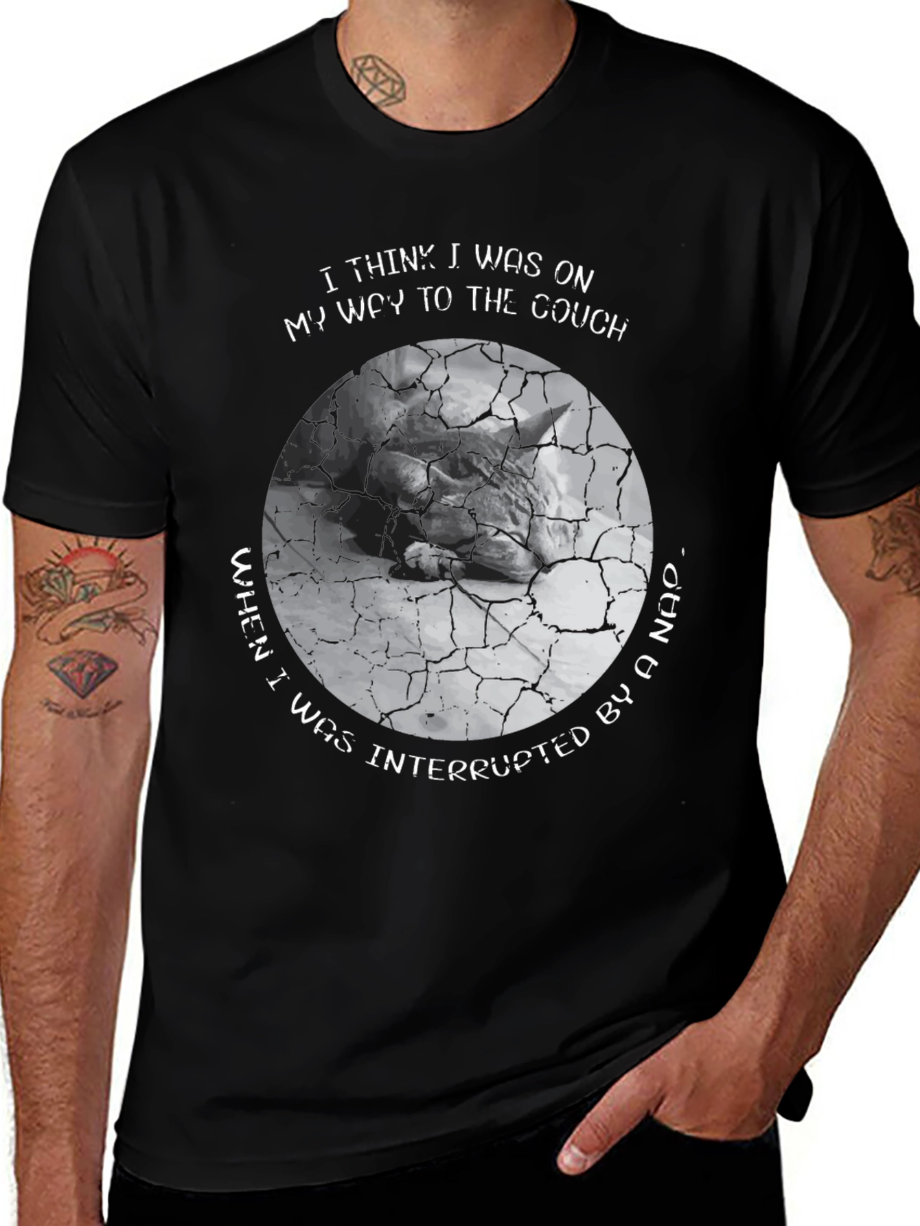 Black Humorous Cat Nap T-Shirt - Couch Interrupted main image
