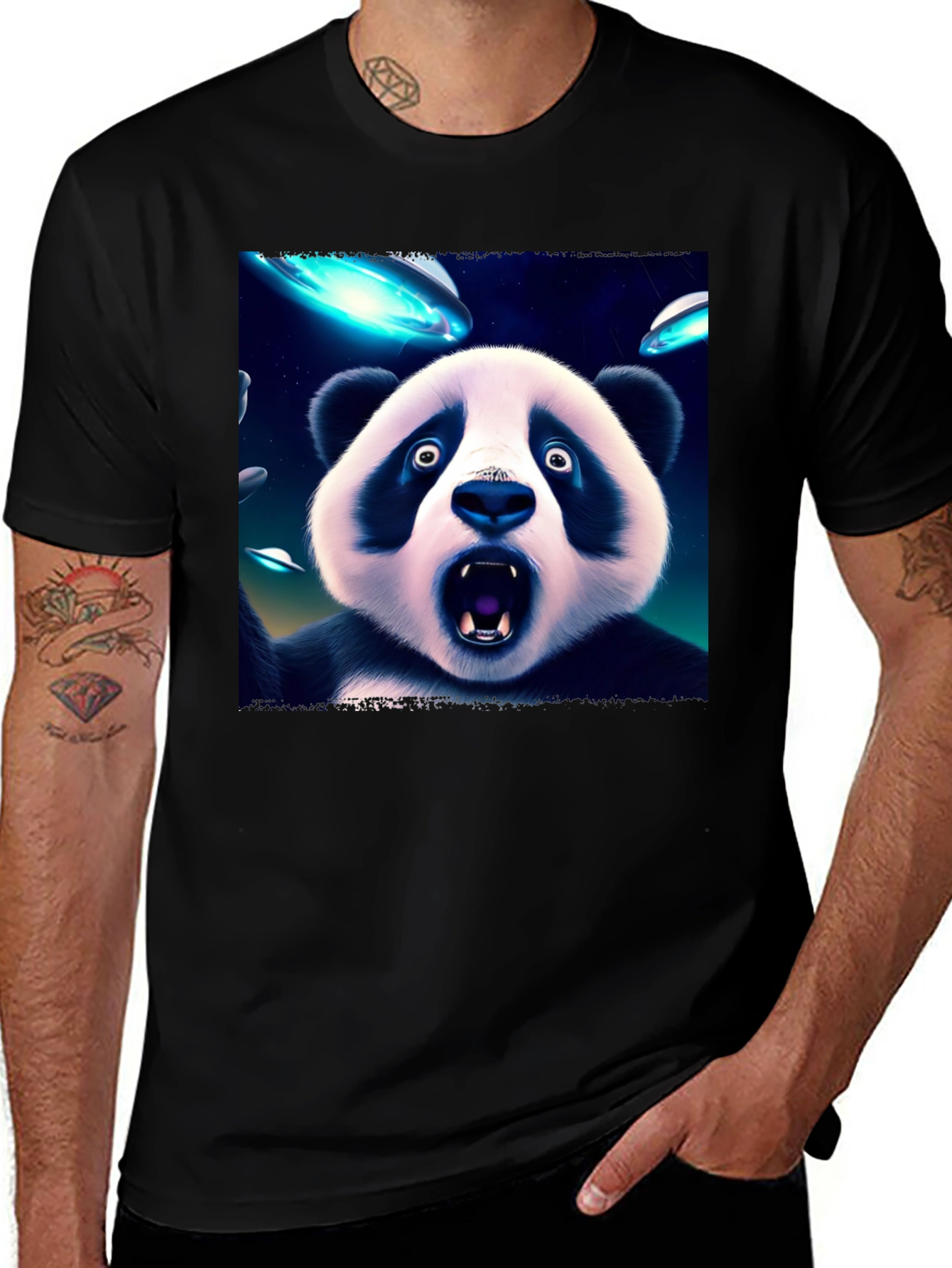 Variant 12 of UFO Panda Graphic Tee - Black Cotton Blend T-Shirt
