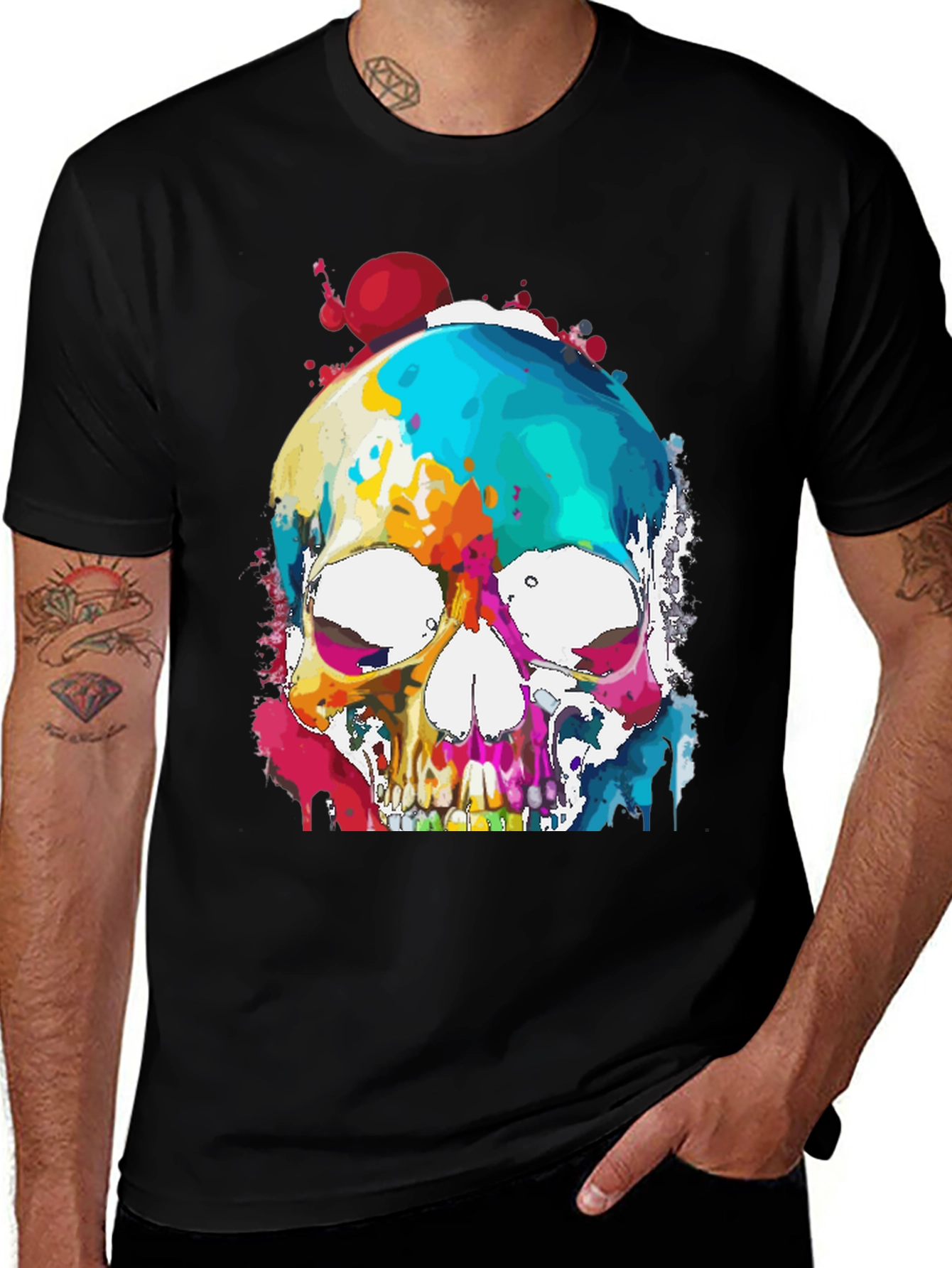 Variant 2 of Colorful Skull Graphic Tee - Men's Black T-Shirt
