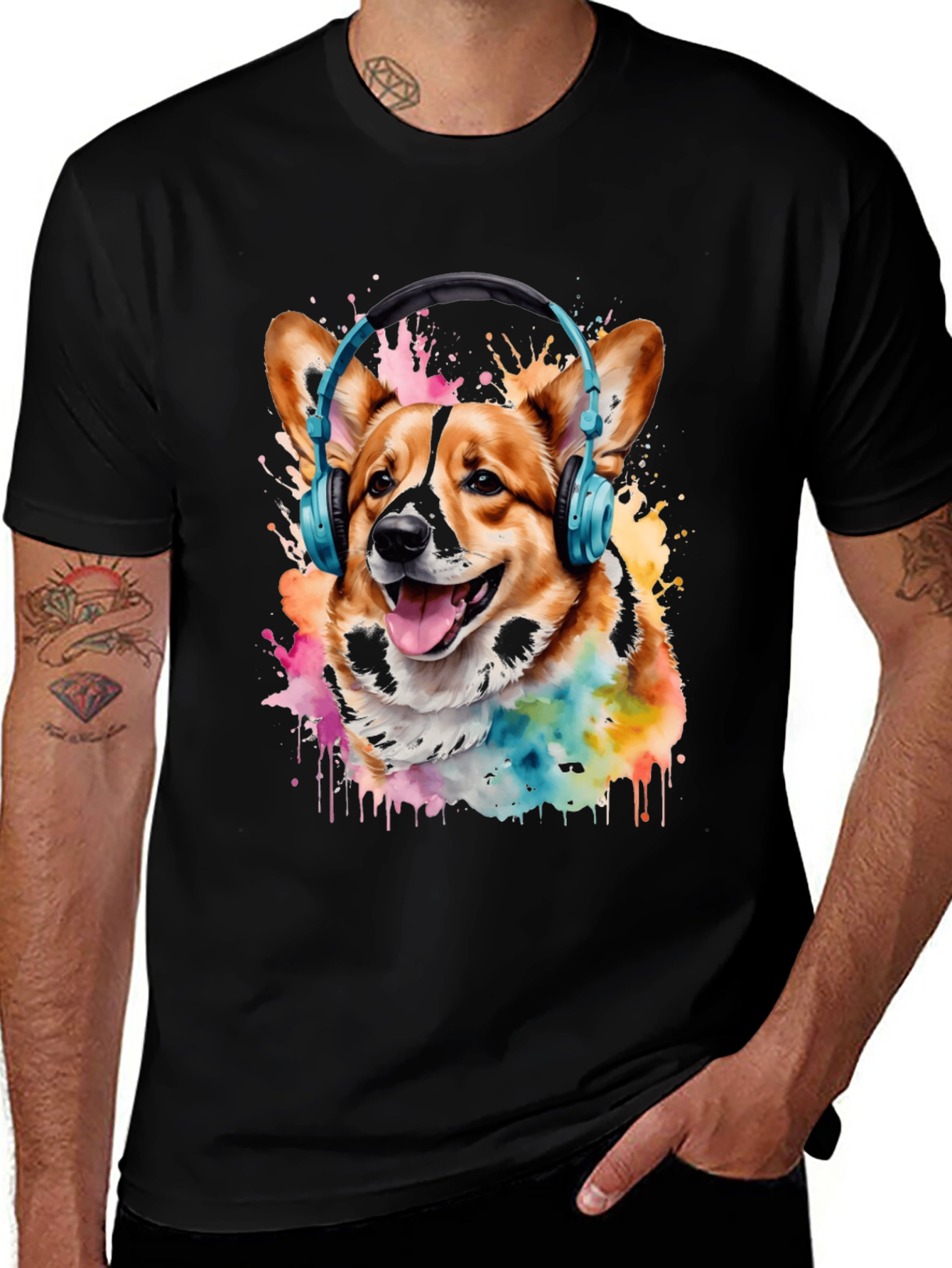 Variant 24 of Dog with Headphones T-Shirt - Colorful Splash Design