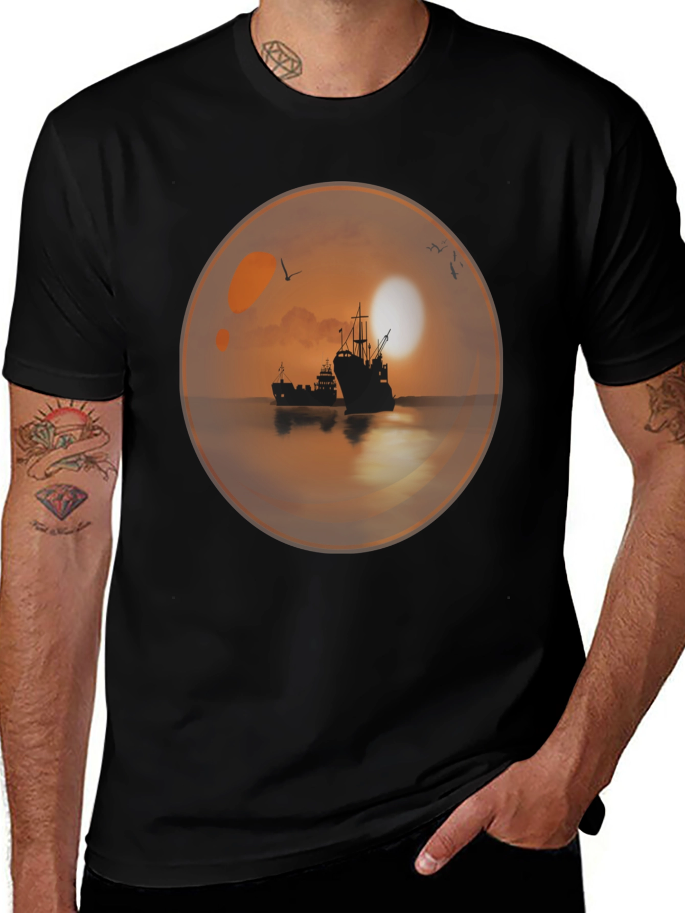Sunset Ships in a Bubble T-Shirt