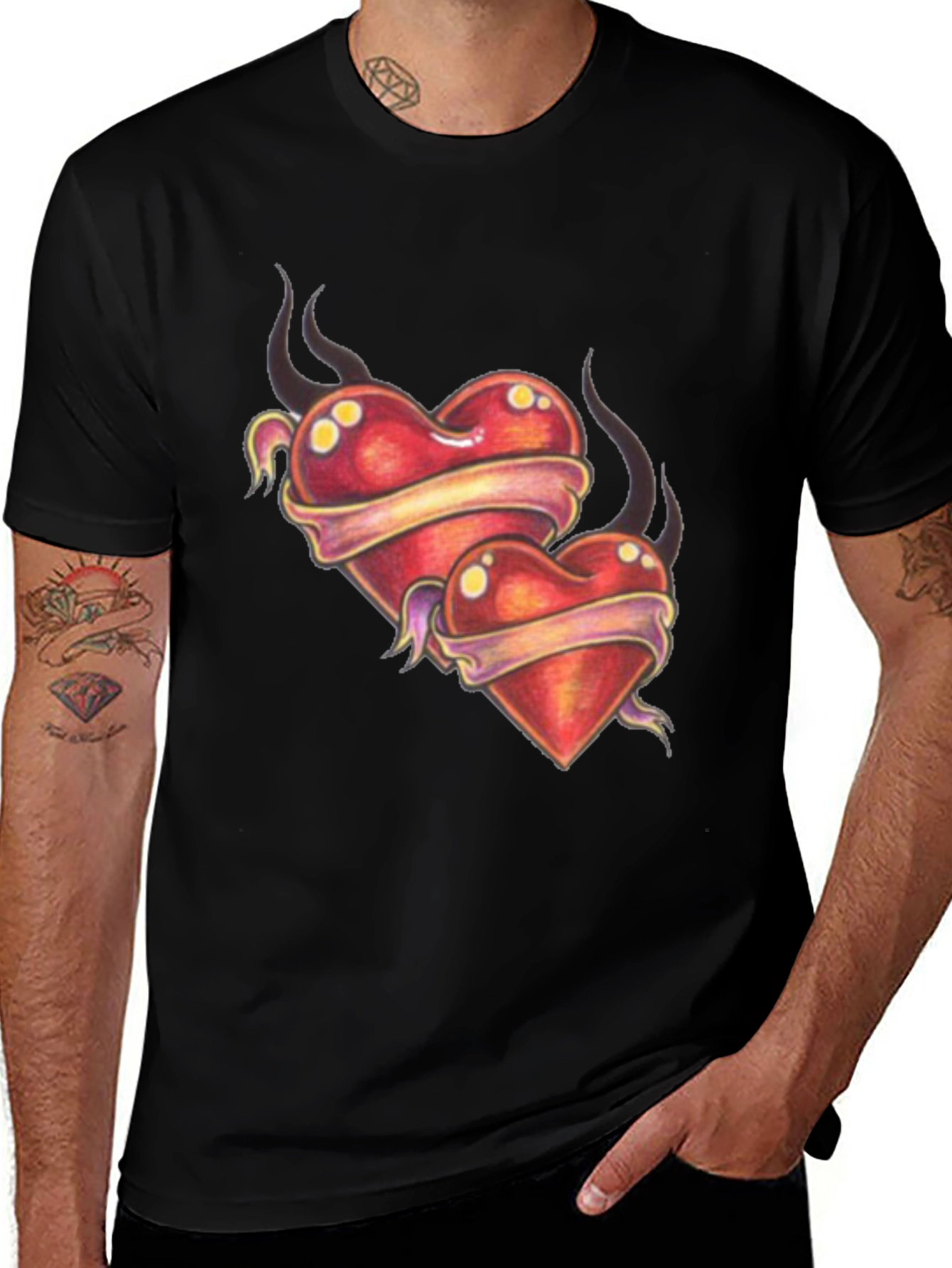 Variant 11 of Heart Tattoo Print Black T-Shirt