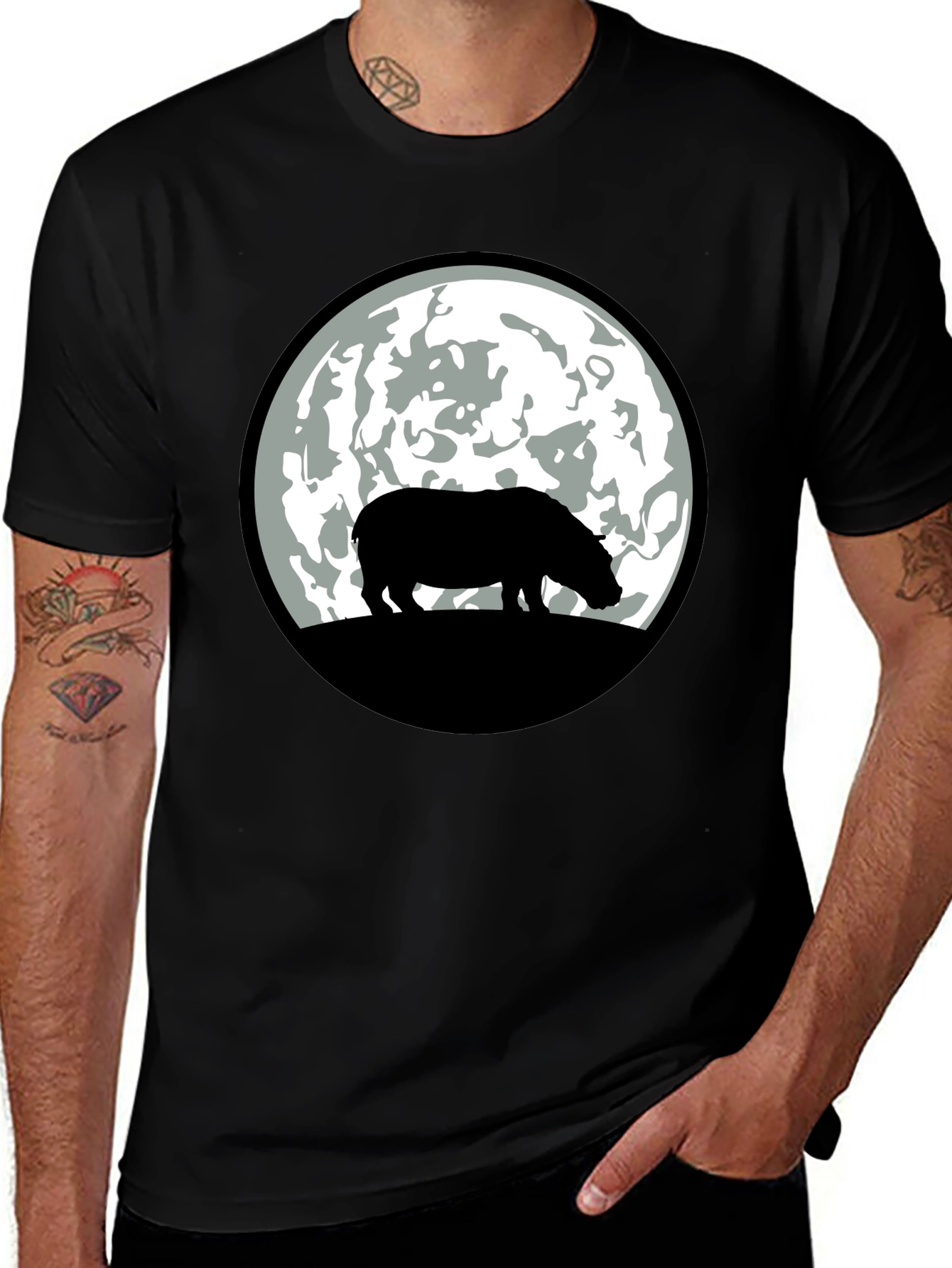 Variant 15 of Hippo Moon Silhouette Black T-Shirt