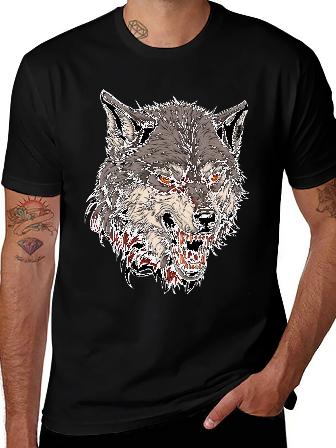 Variant 27 of Men's Black Graphic Tee - Fierce Wolf Design
