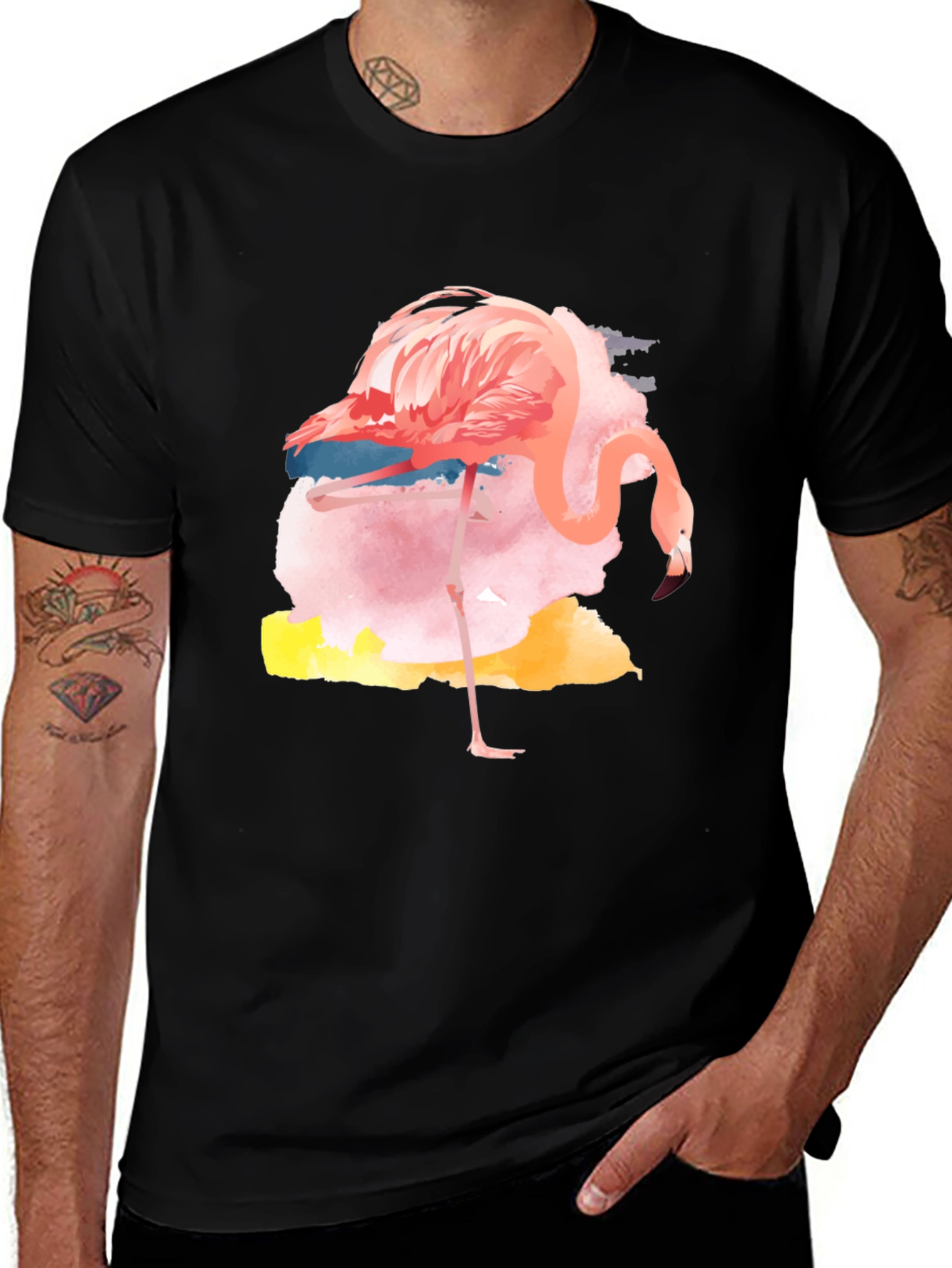 Variant 13 of Watercolor Flamingo Graphic Tee - Casual Black T-Shirt