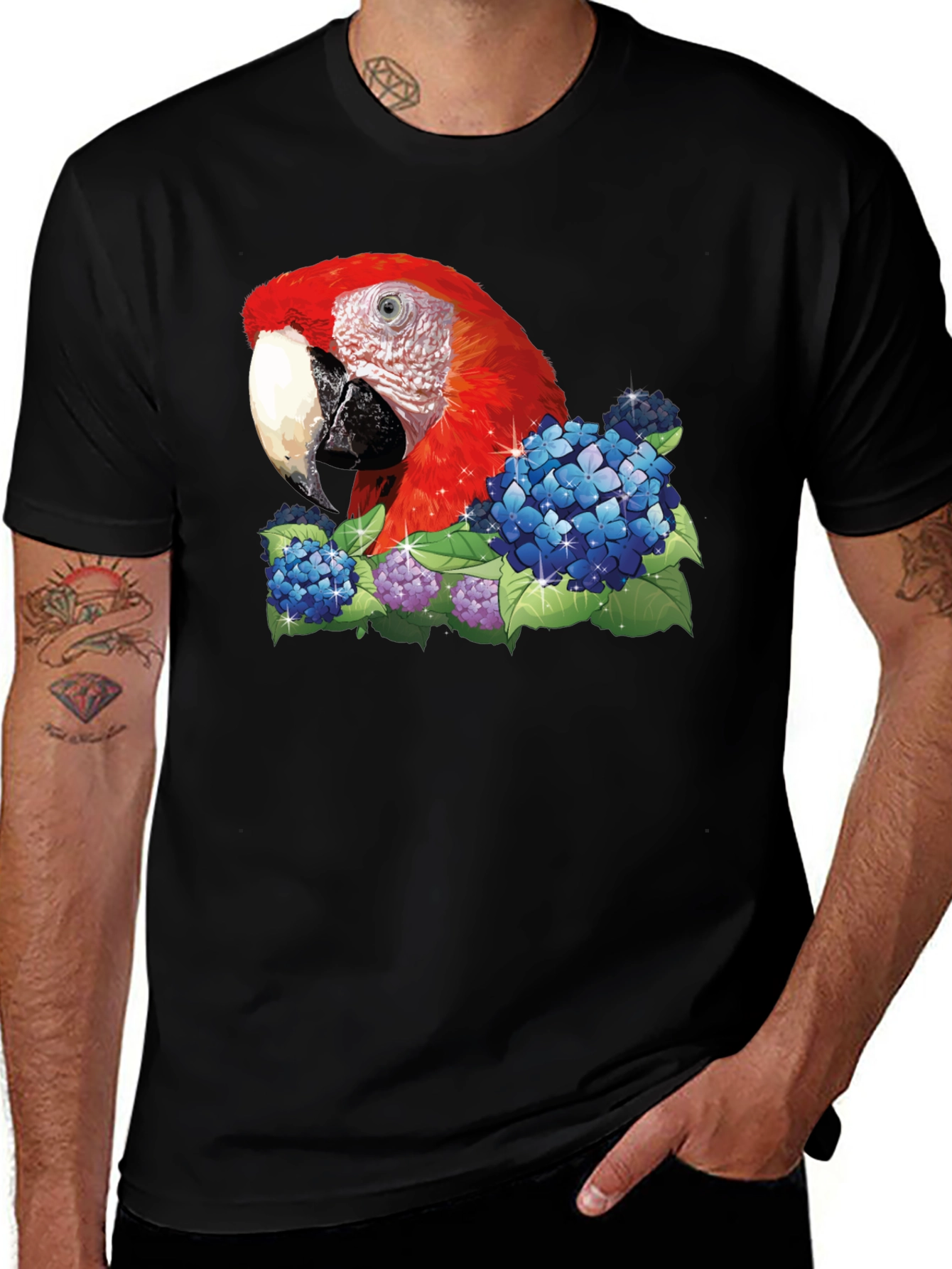 Variant 12 of Parrot & Flowers Graphic T-Shirt - Black
