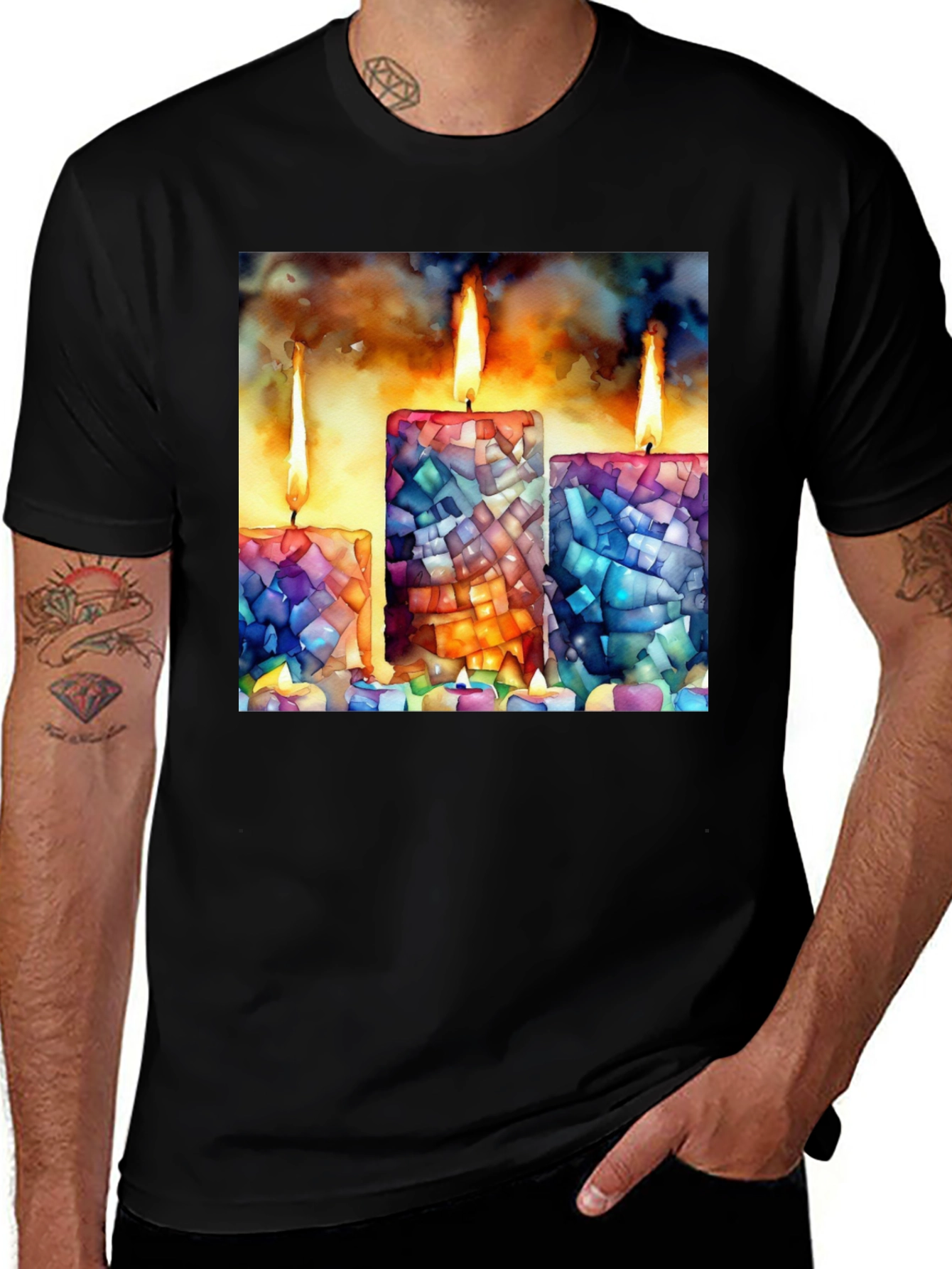 Black Mosaic Candle Print Tee - Artistic Comfort main image