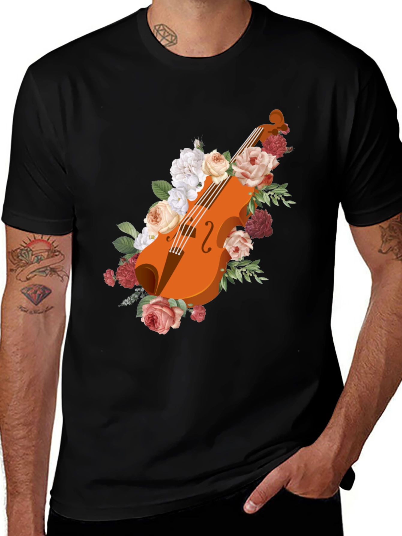 Variant 5 of Floral Violin Graphic Tee - Musical Elegance