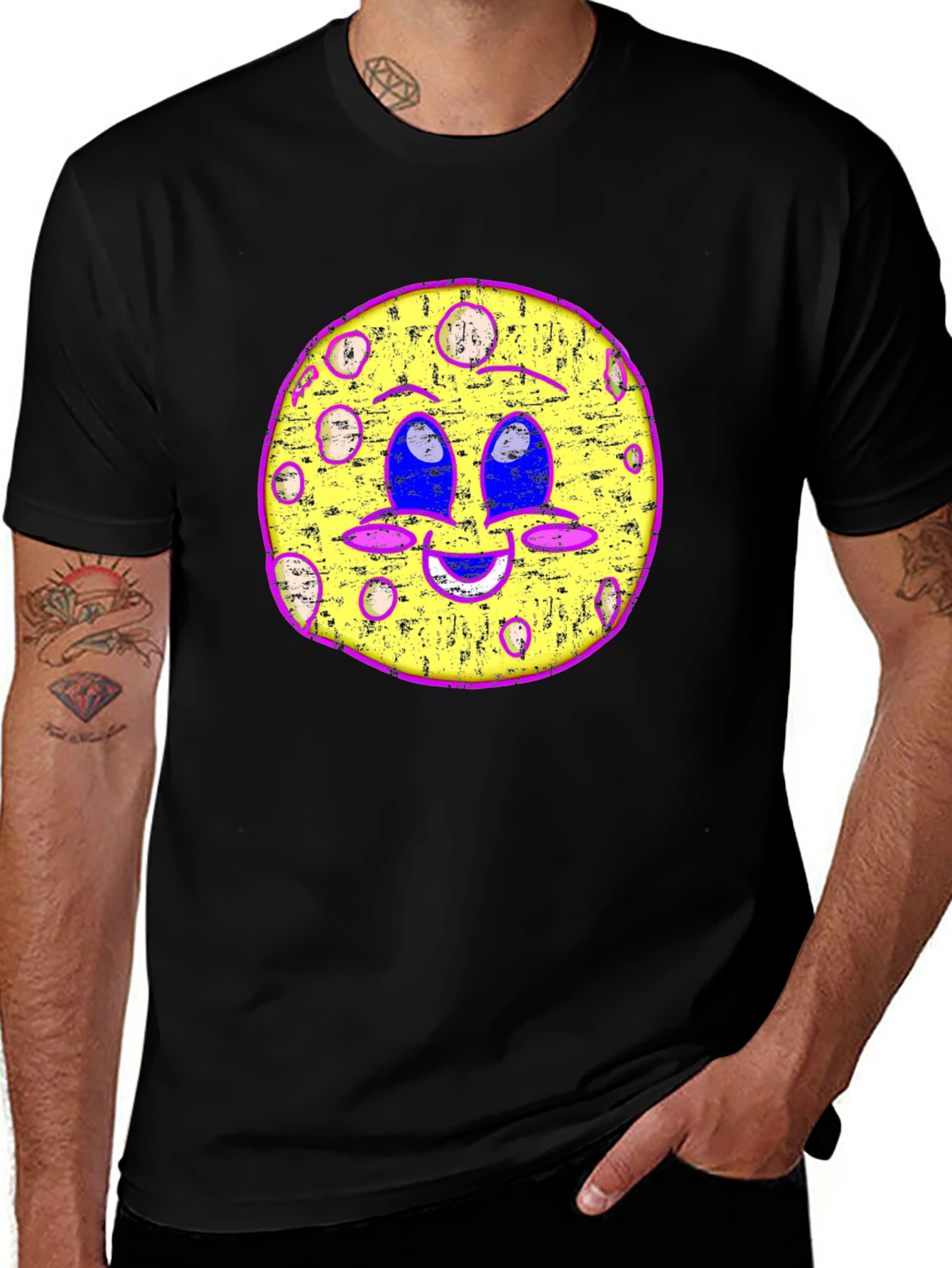 Variant 24 of Funky Moon Face Graphic Tee - Black Cotton T-Shirt