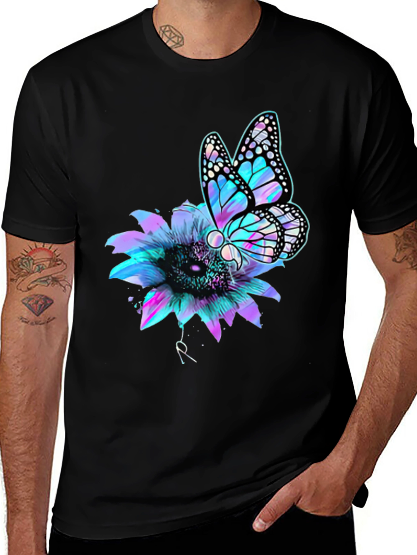 Variant 9 of Butterfly Sunflower Graphic Tee - Men's Black T-Shirt
