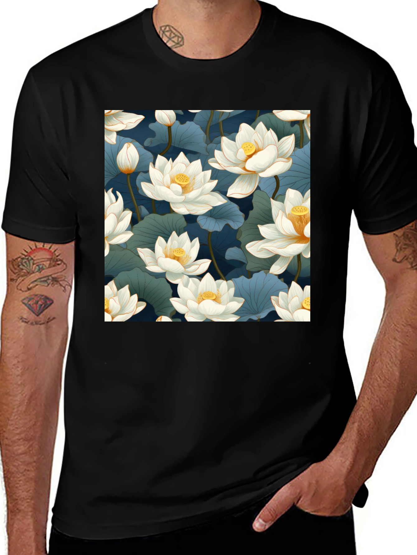 Variant 19 of Lotus Print Black T-Shirt
