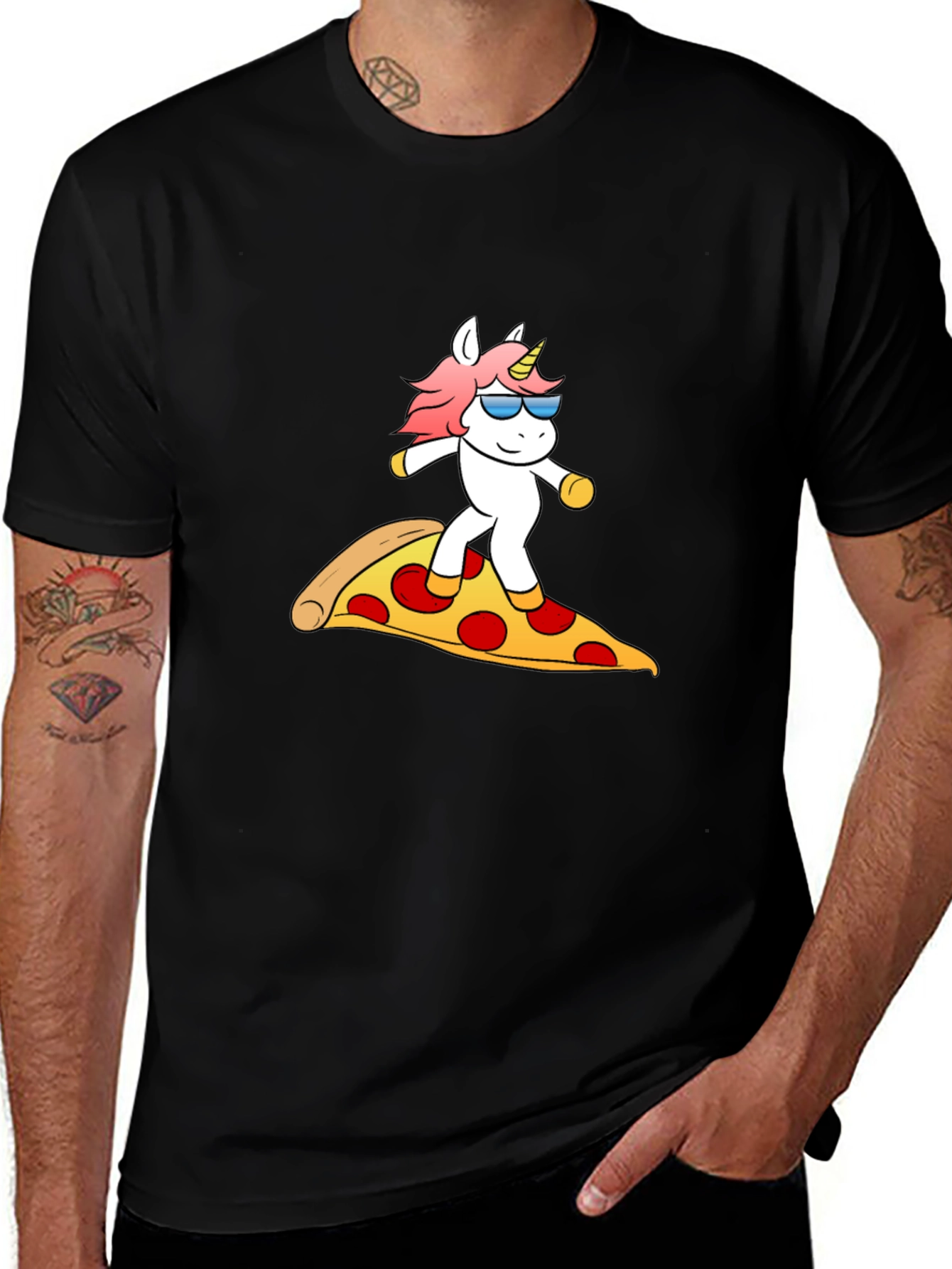 Variant 16 of Unicorn Surfing Pizza Slice Graphic Tee - Black Cotton T-Shirt