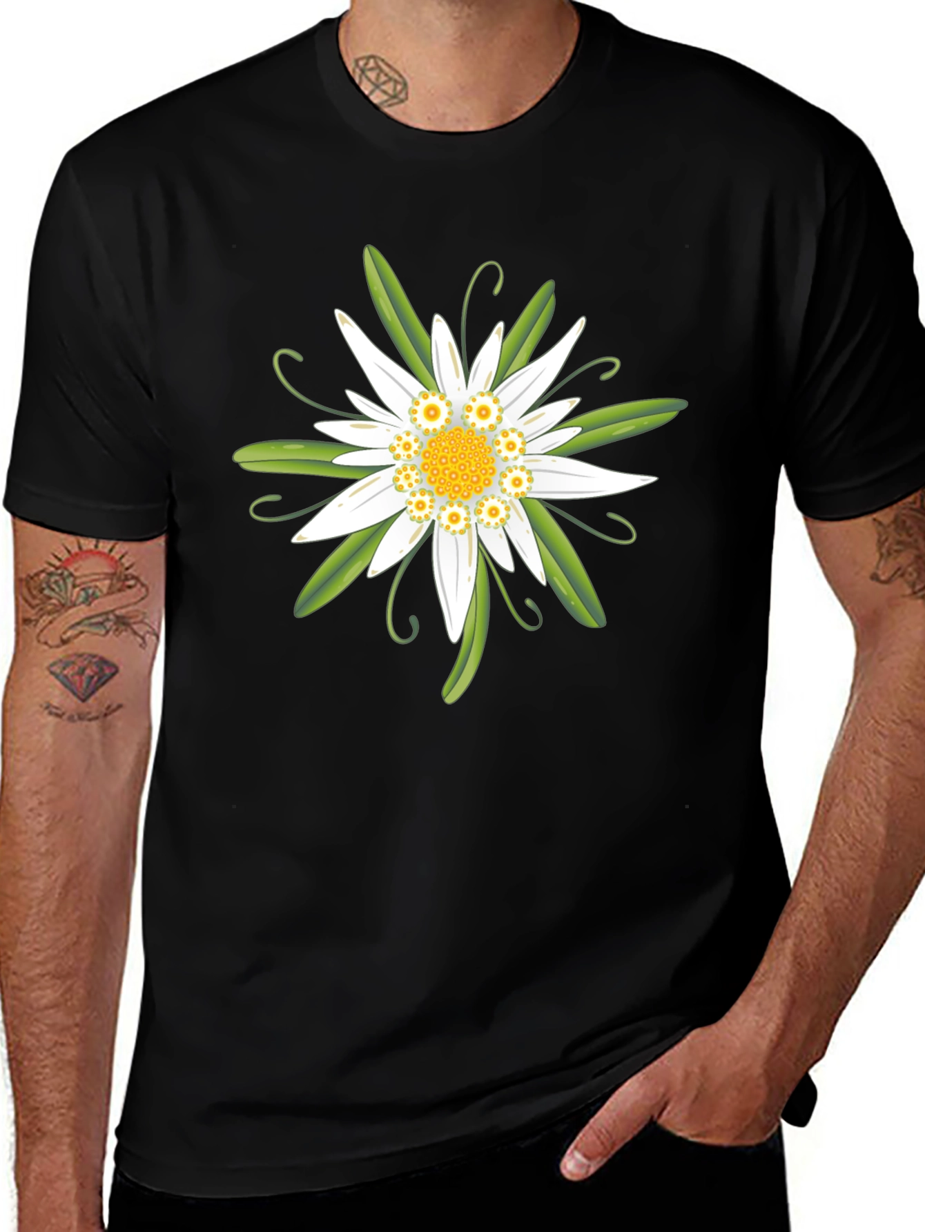 Variant 12 of Edelweiss Flower Graphic T-Shirt - Black