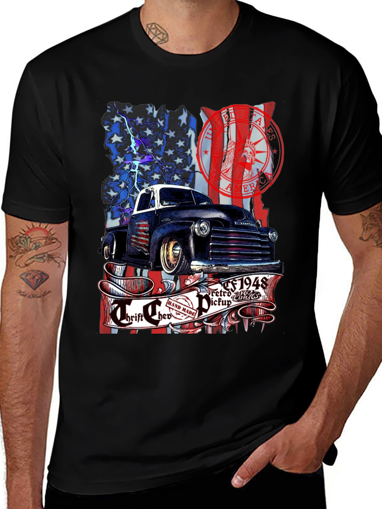 Variant 19 of Retro 1948 Pickup Truck USA Flag Graphic Tee