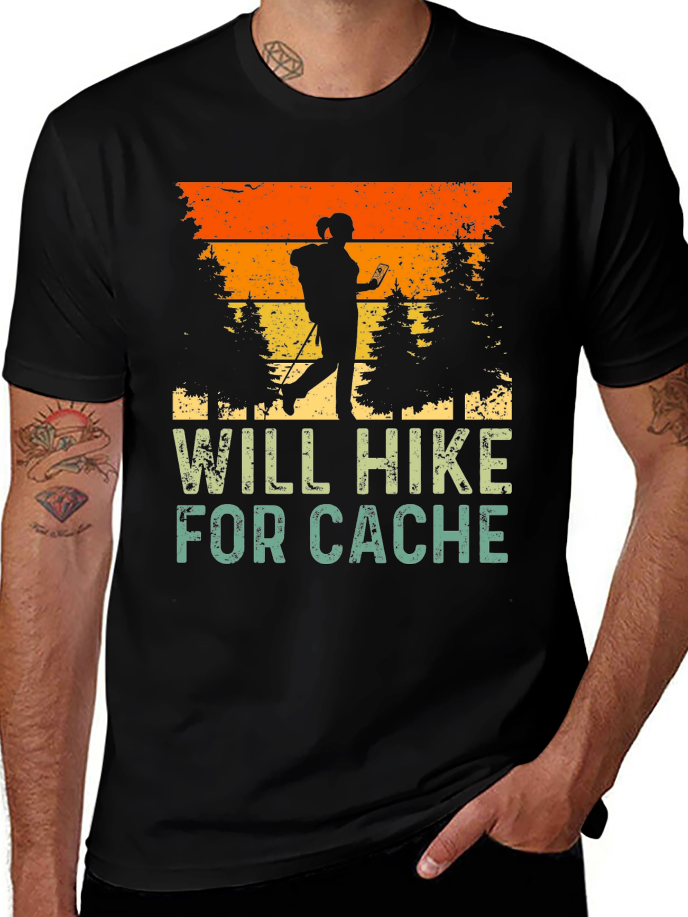 Variant 27 of Will Hike For Cache T-Shirt - Geocaching Adventure Top