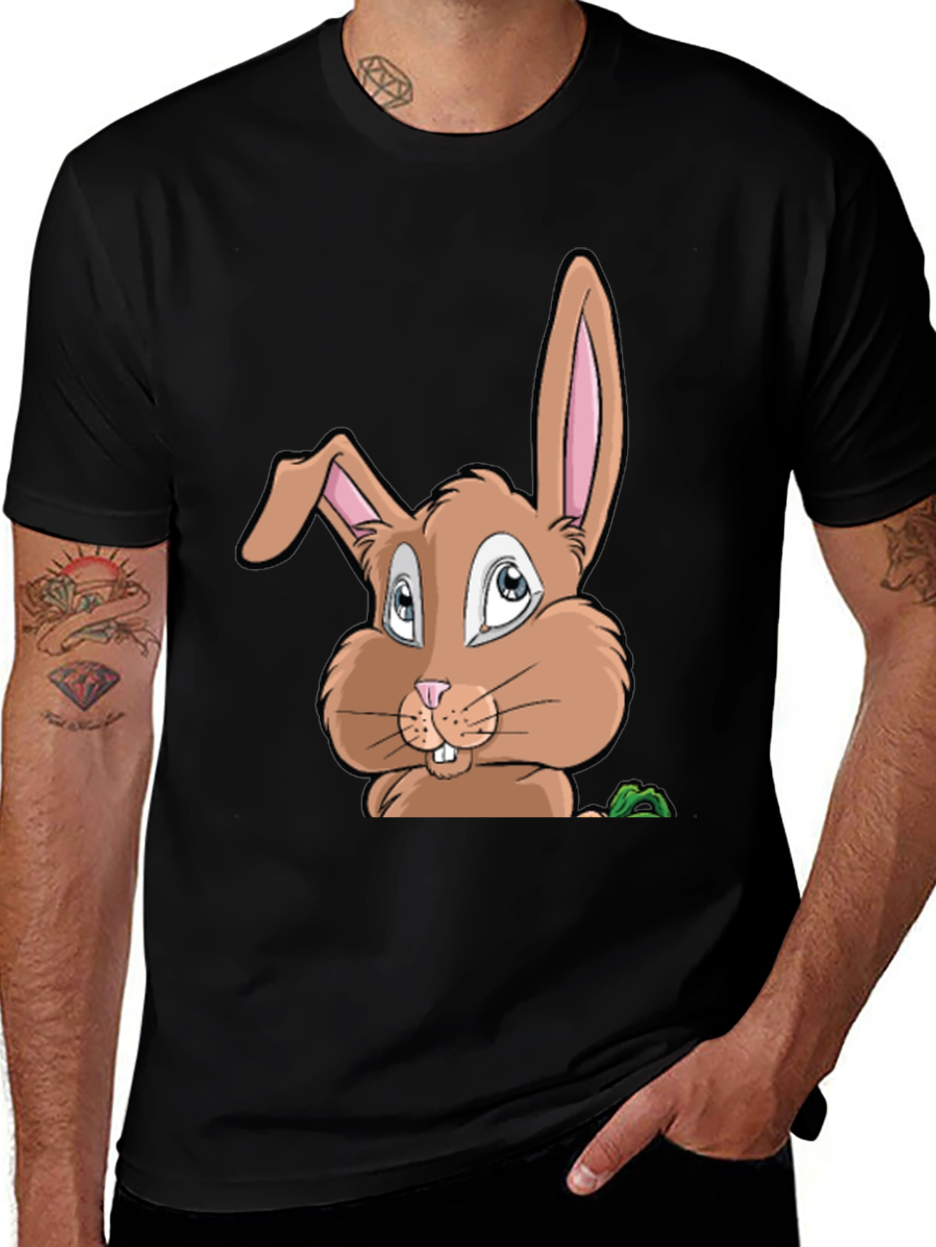 Black Cute Cartoon Bunny Graphic Black T-Shirt main image