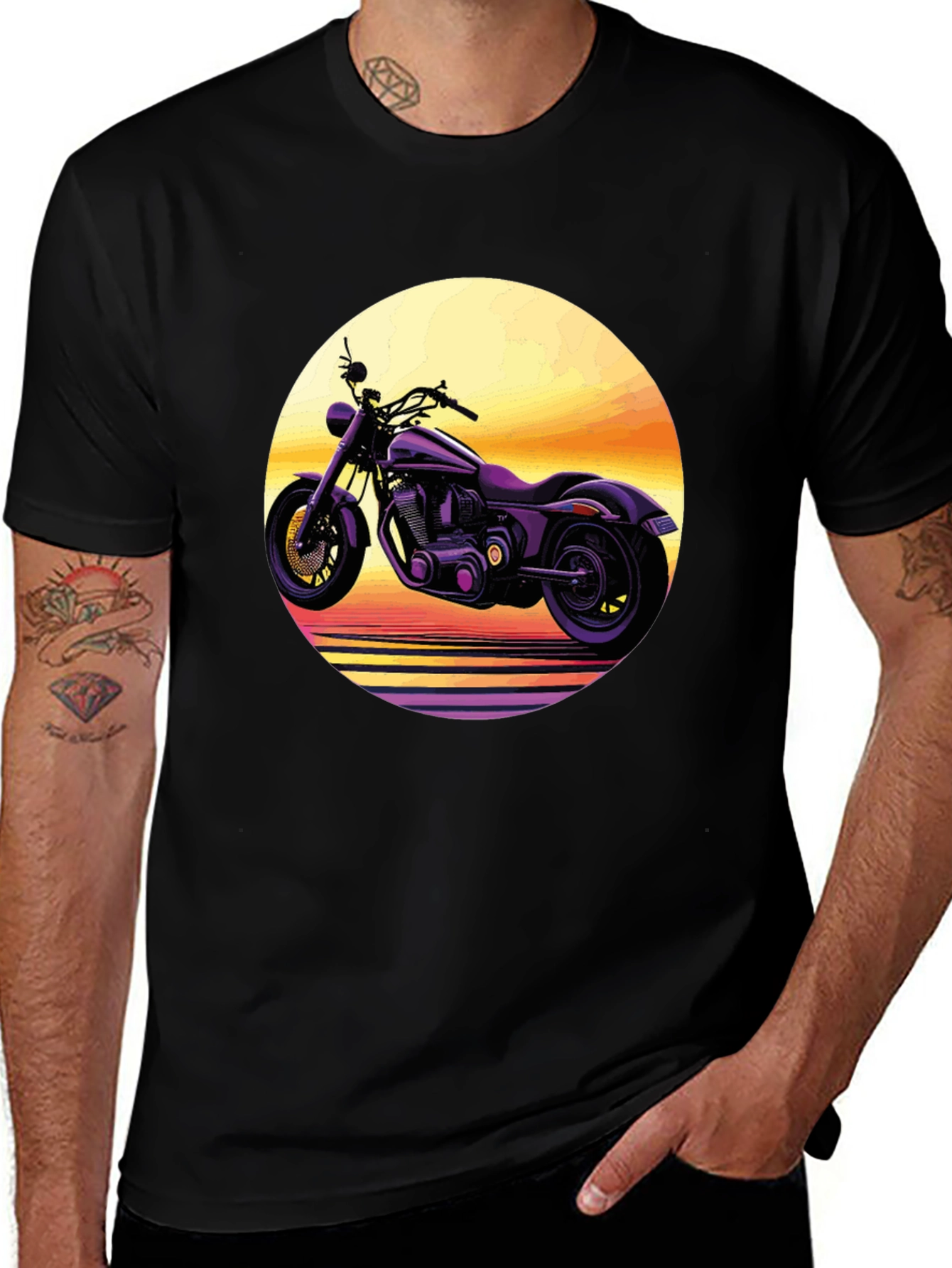 Variant 19 of Retro Motorcycle Sunset Graphic Tee - Black