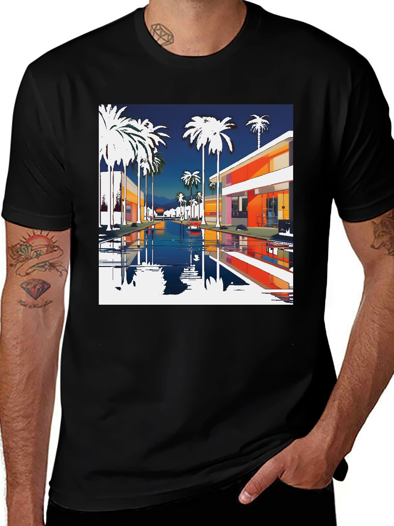 Variant 26 of Retro Palm Springs Graphic Tee - Black Cotton T-Shirt