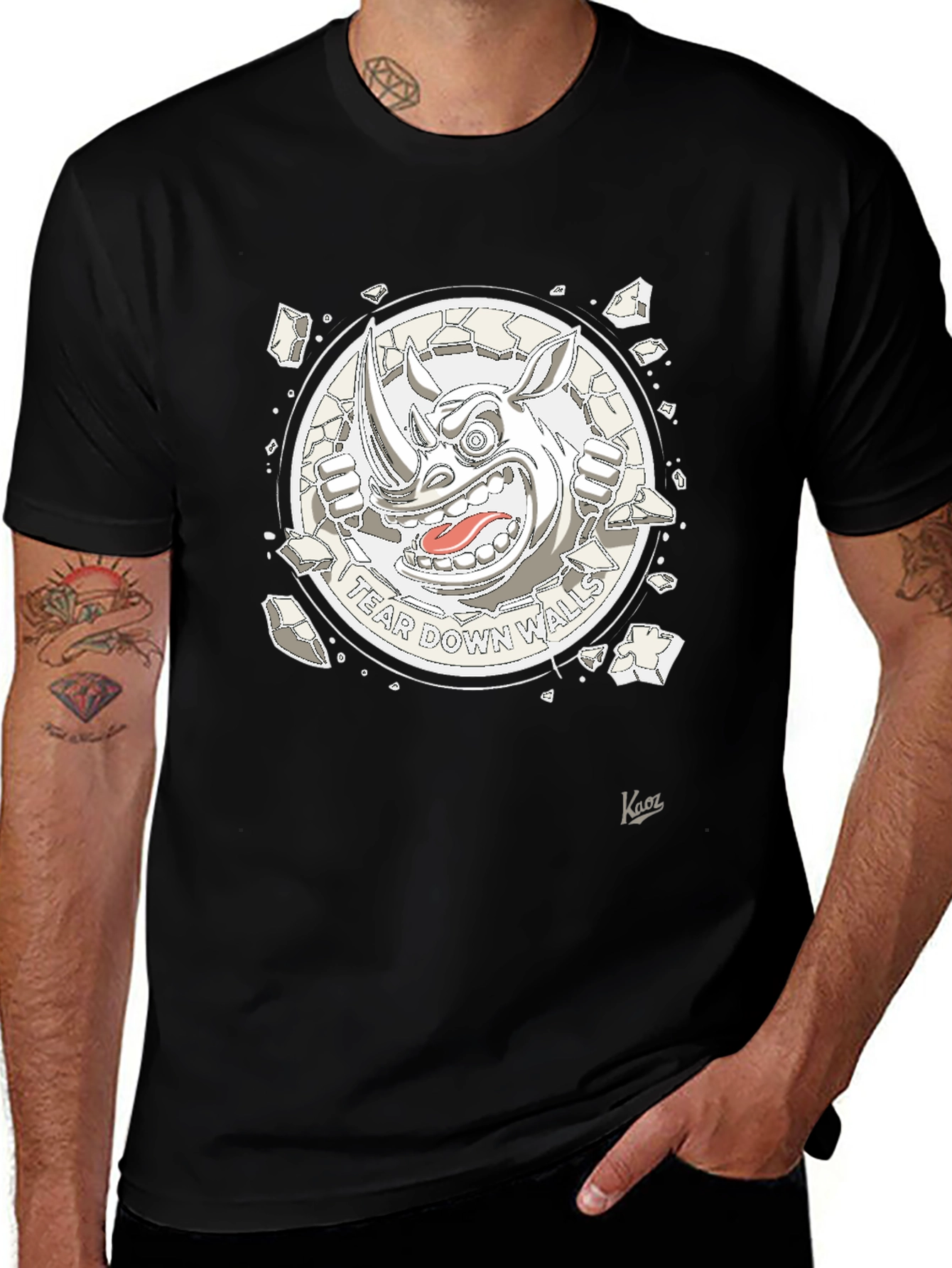 Variant 12 of Tear Down Walls Graphic Tee - Black Cotton Rhino Design