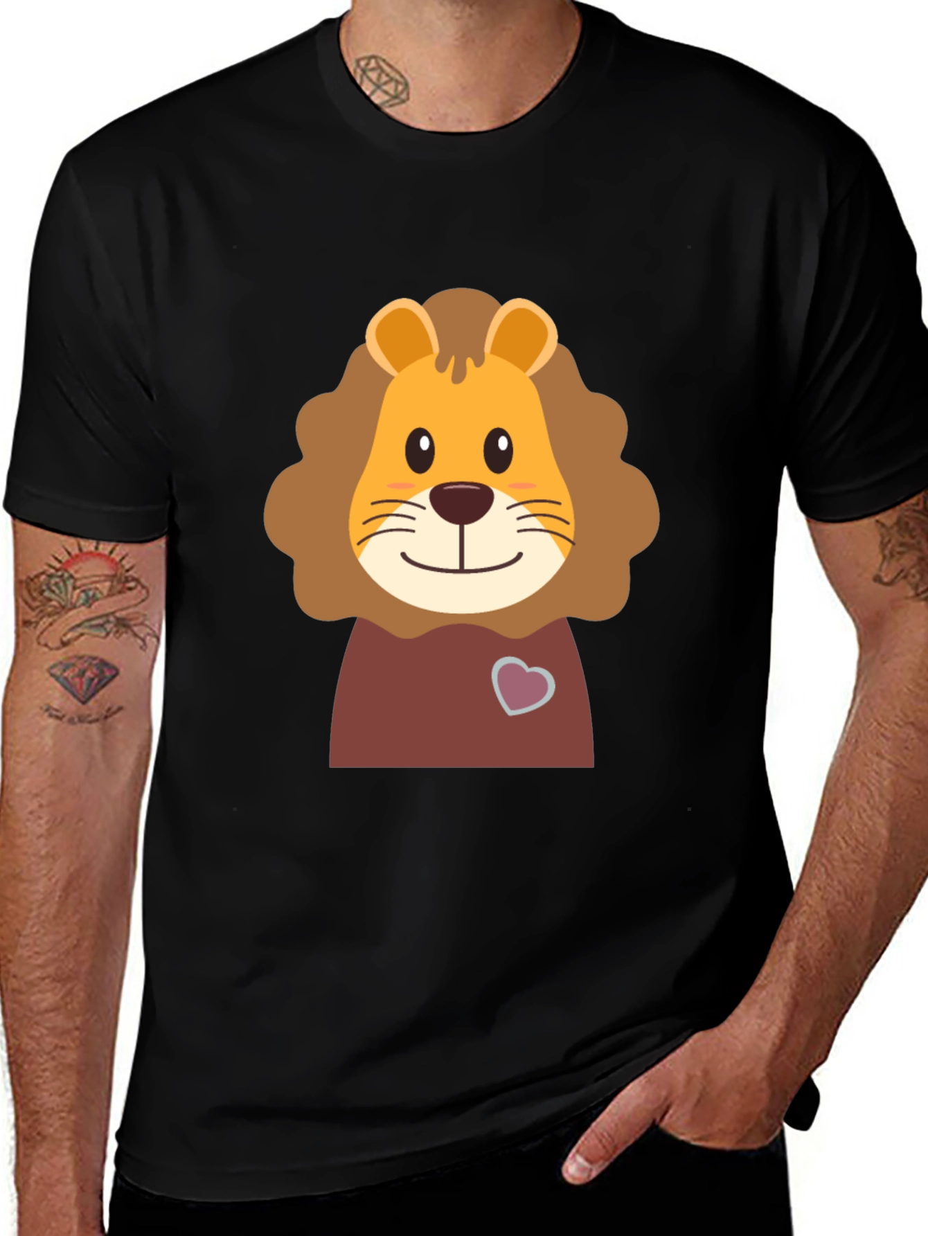 Cute Lion Cartoon Graphic Tee - Black