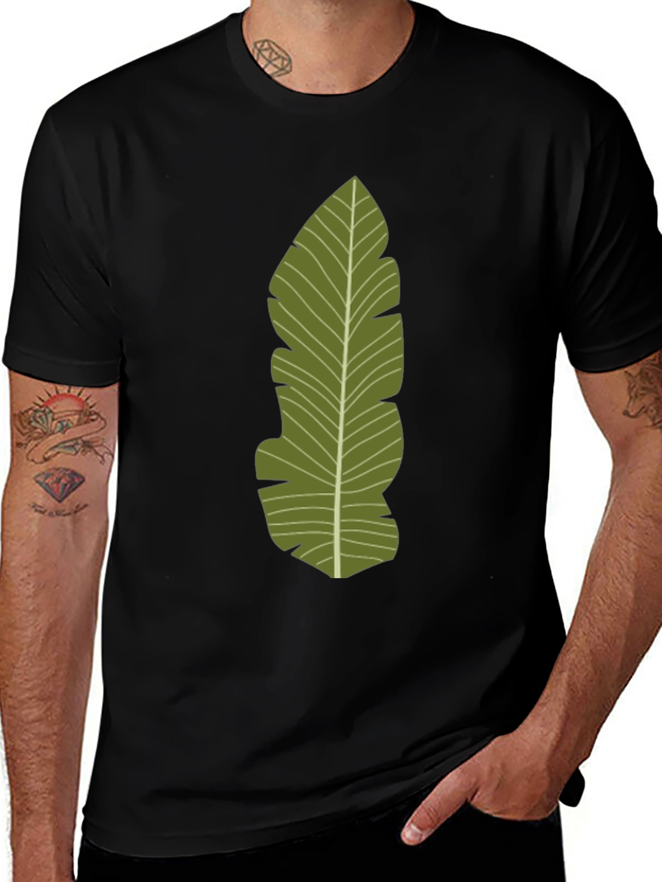 Variant 6 of Tropical Leaf Print Black T-Shirt