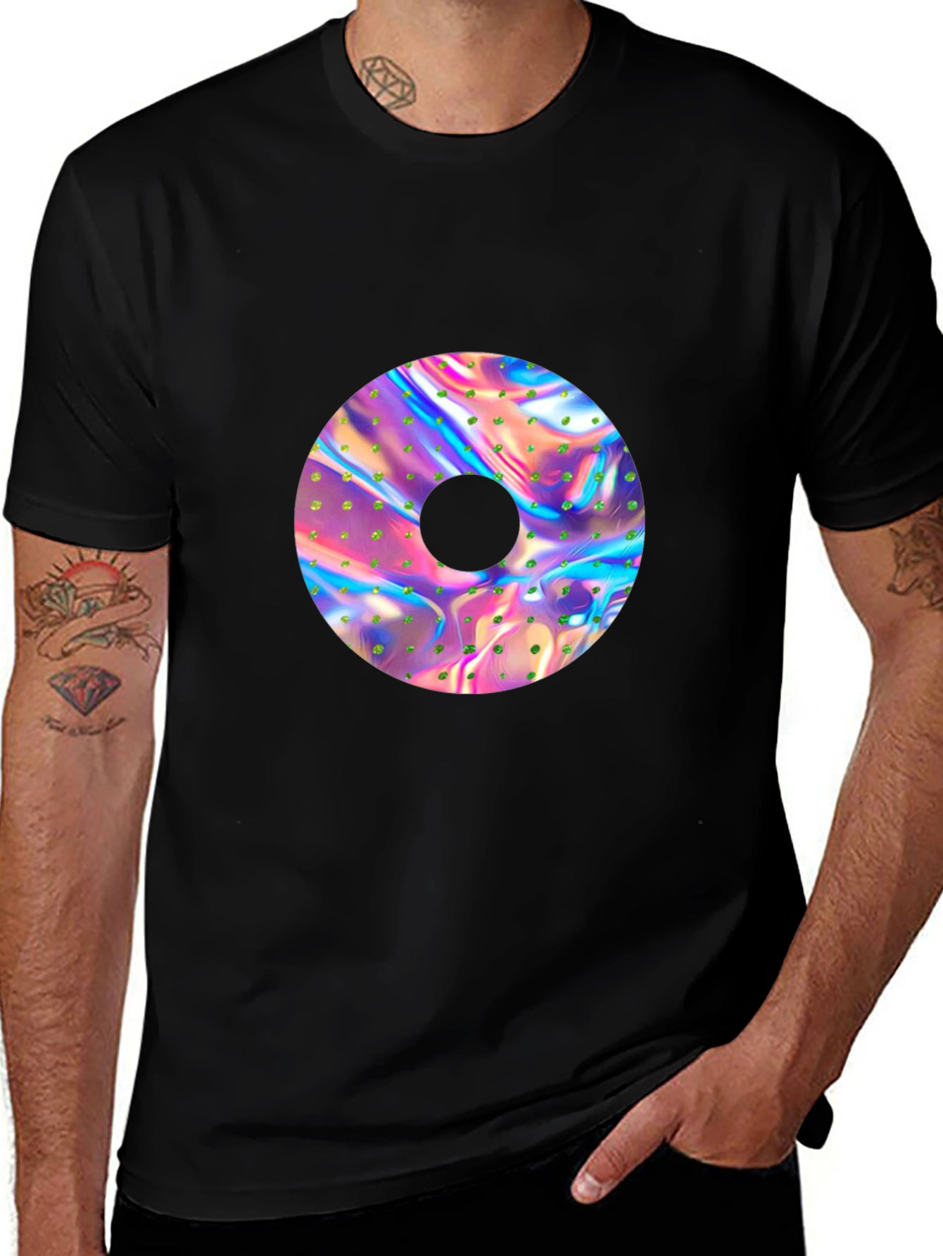 Variant 3 of Holographic Donut Graphic Black Tee