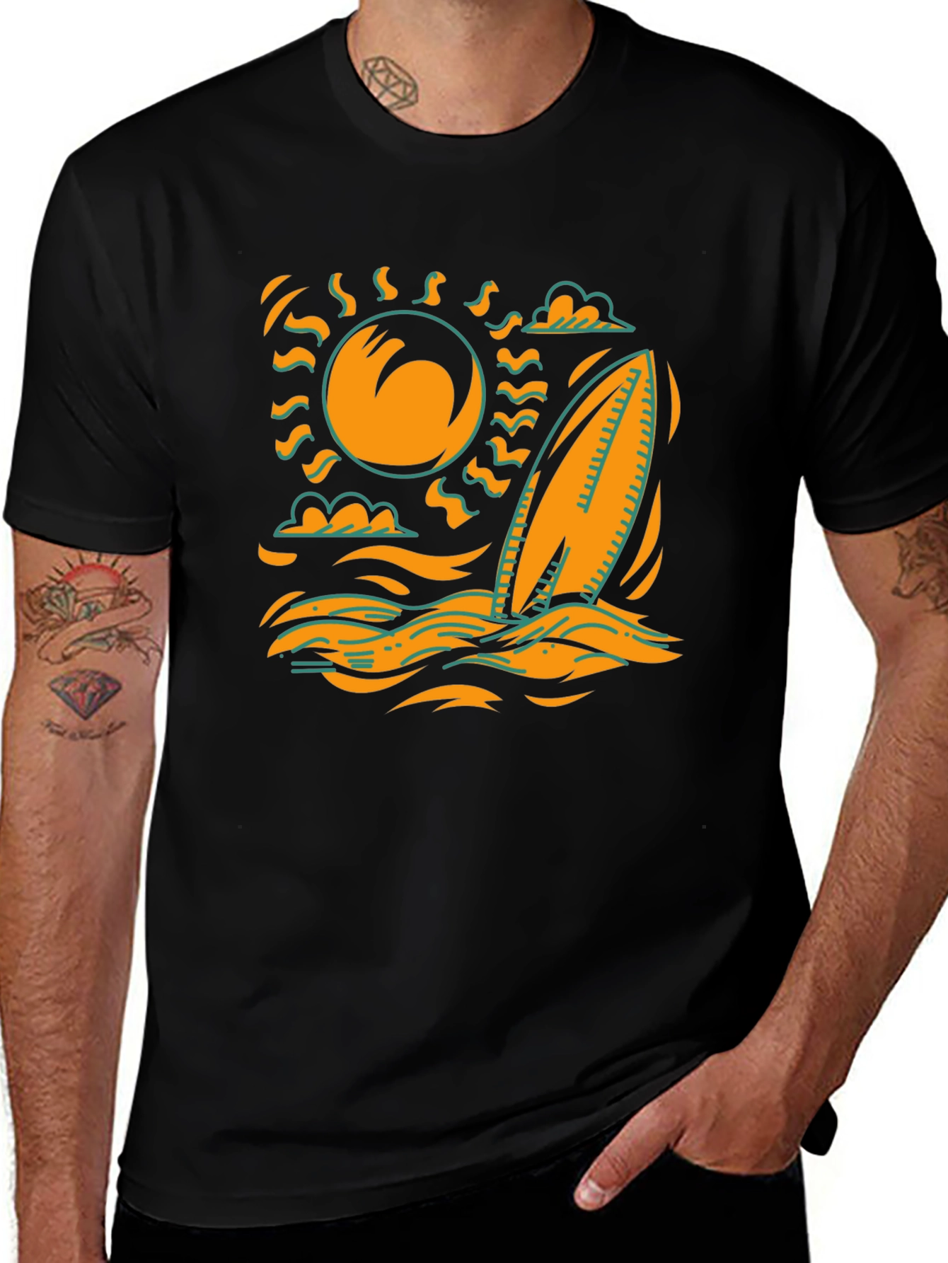 Variant 27 of Surfboard Sun Graphic Tee - Black Cotton T-Shirt