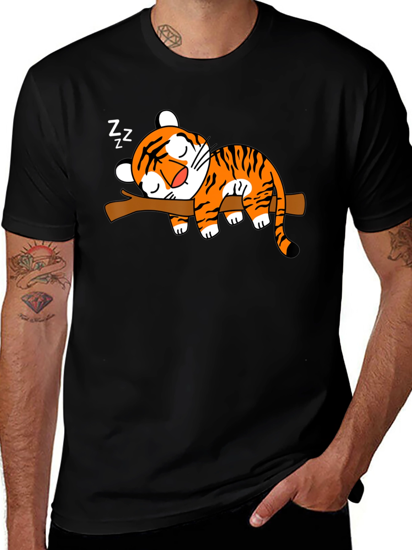 Variant 28 of Cute Sleeping Tiger on Branch Black T-Shirt