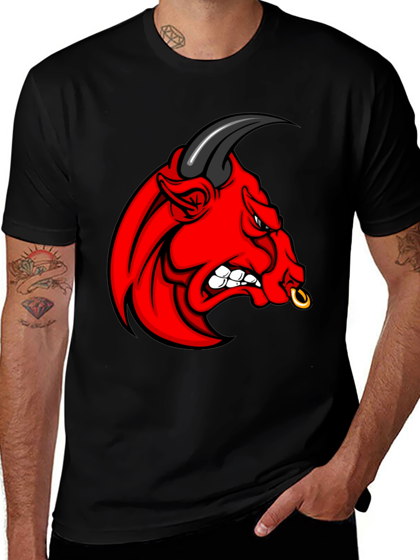 Variant 19 of Men's Black T-Shirt - Angry Red Bull Graphic Tee