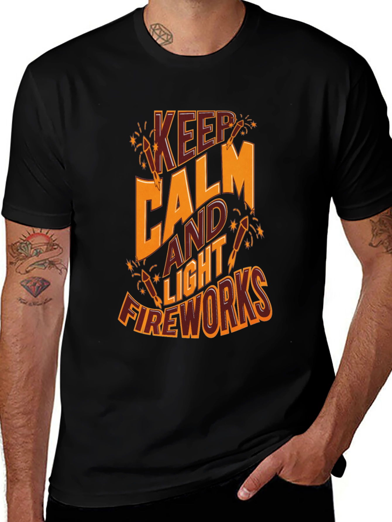 Keep Calm & Light Fireworks T-Shirt - Black Cotton Tee