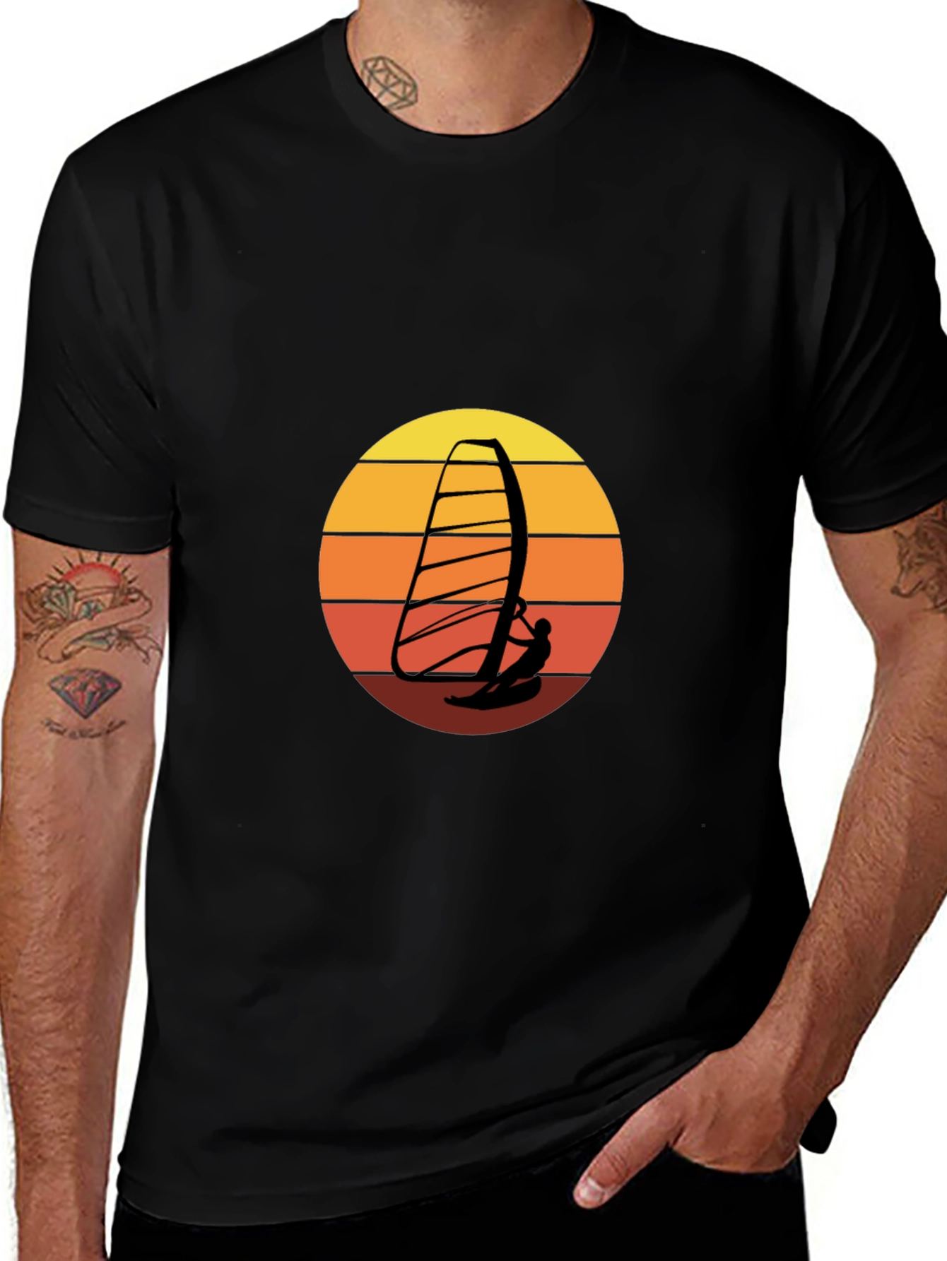 Variant 23 of Sunset Windsurfer Graphic Tee - Black Cotton T-Shirt