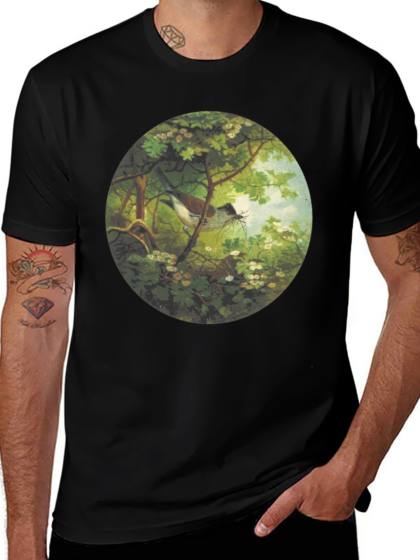 Black Bird & Nest Graphic Tee - Nature Art Shirt main image