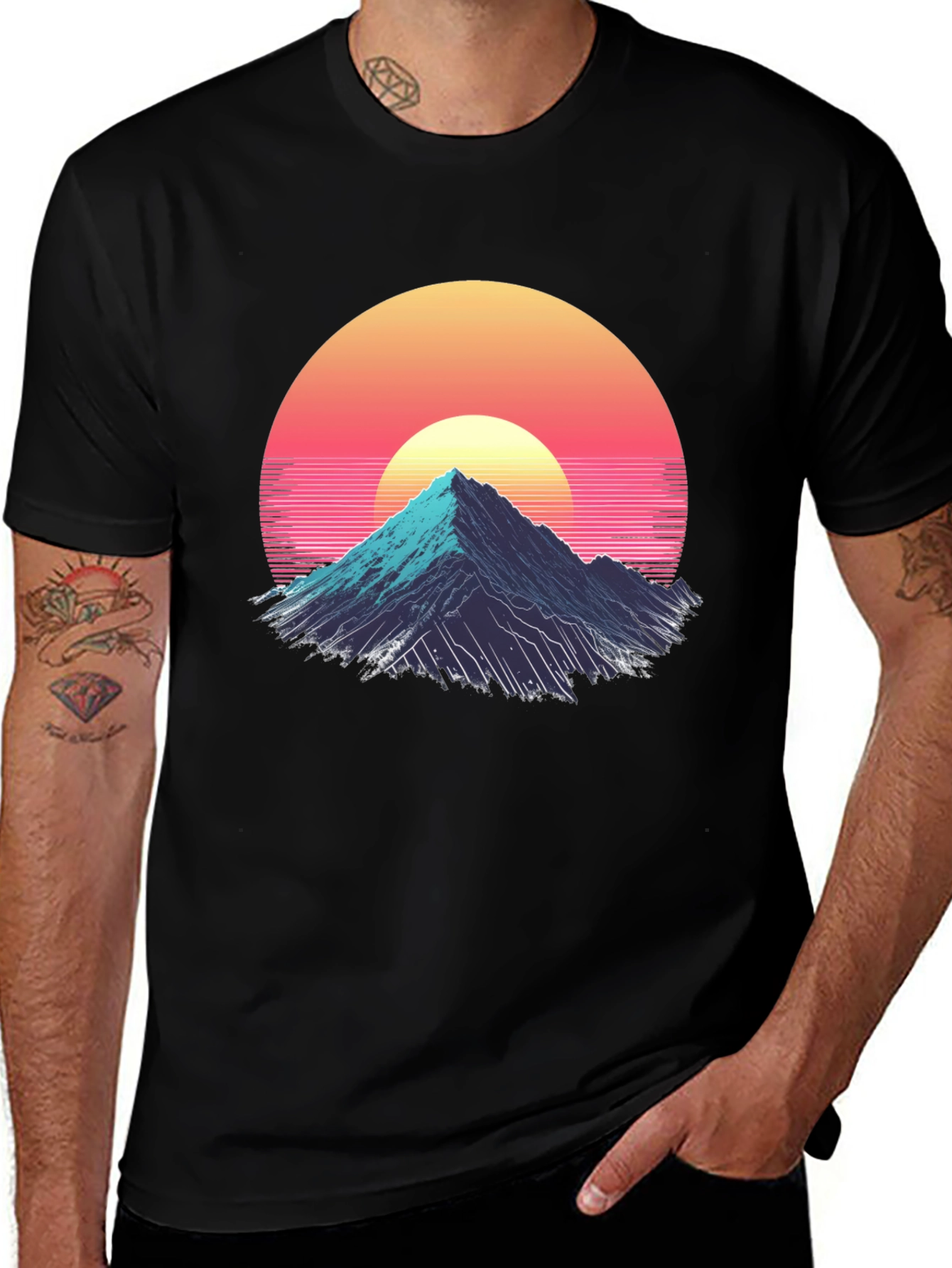 Variant 3 of Retro Mountain Sunset Graphic Tee - Black