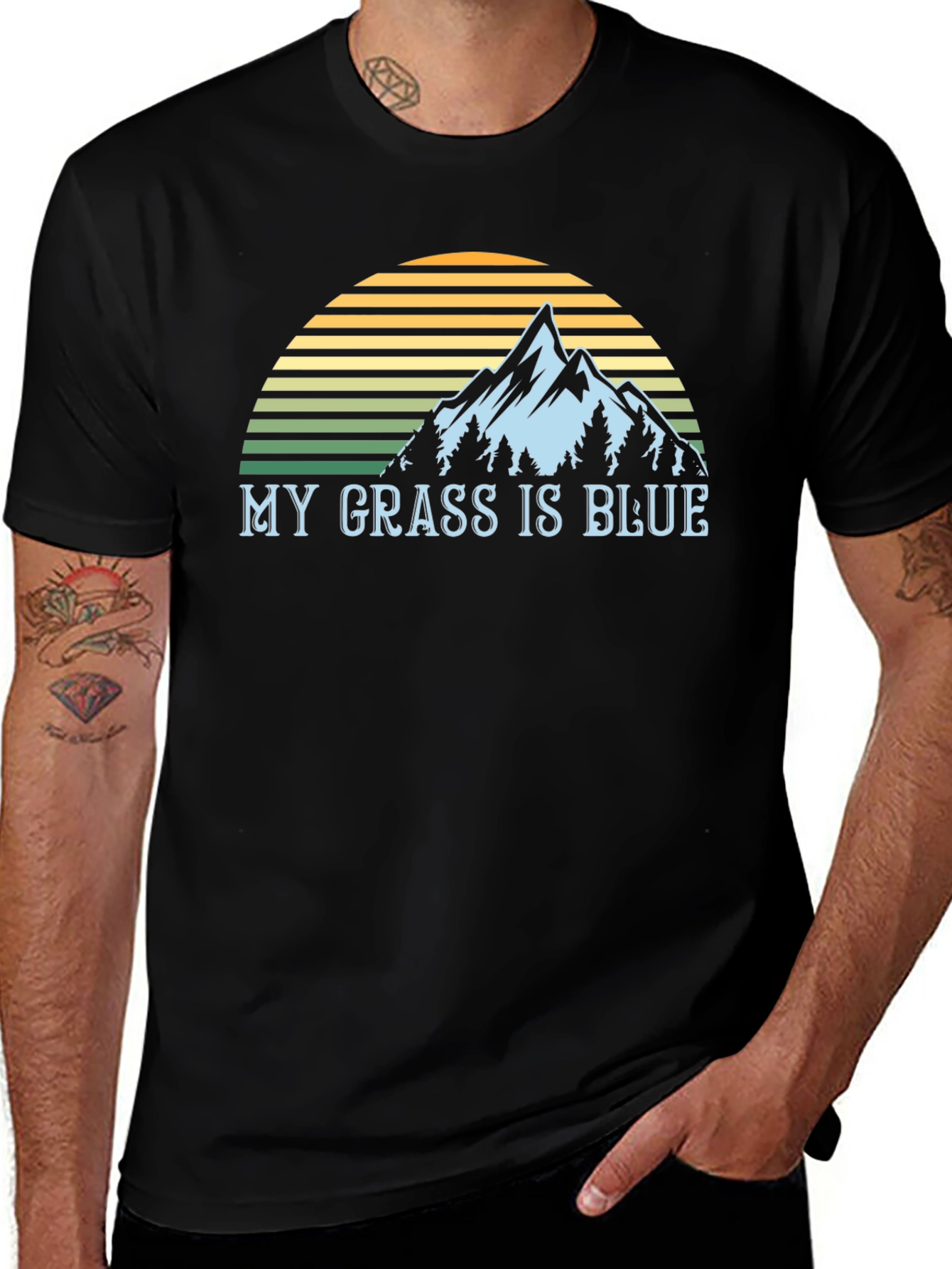Variant 7 of My Grass is Blue Graphic Tee - Mountain Sunset Design