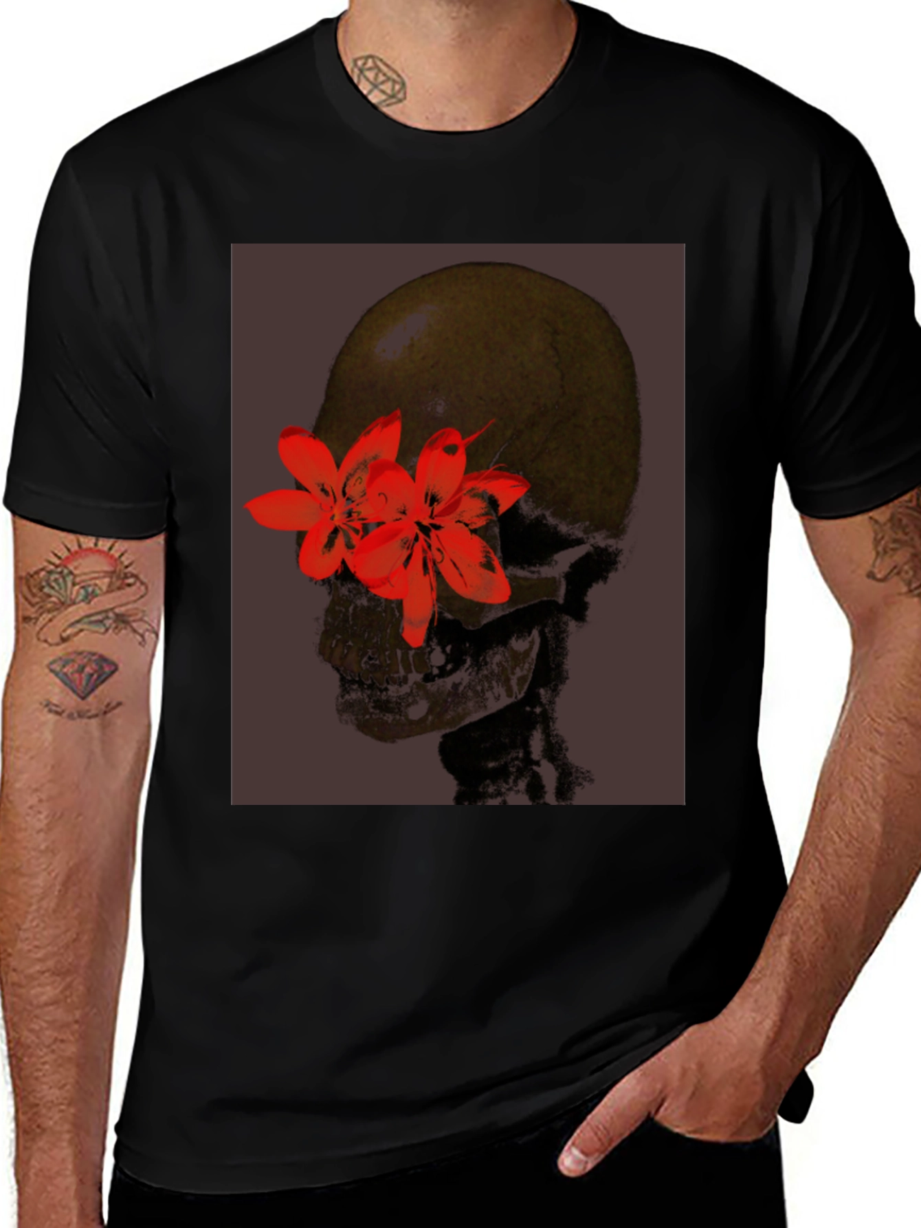 Variant 26 of Skull and Flowers Graphic Tee - Edgy Style