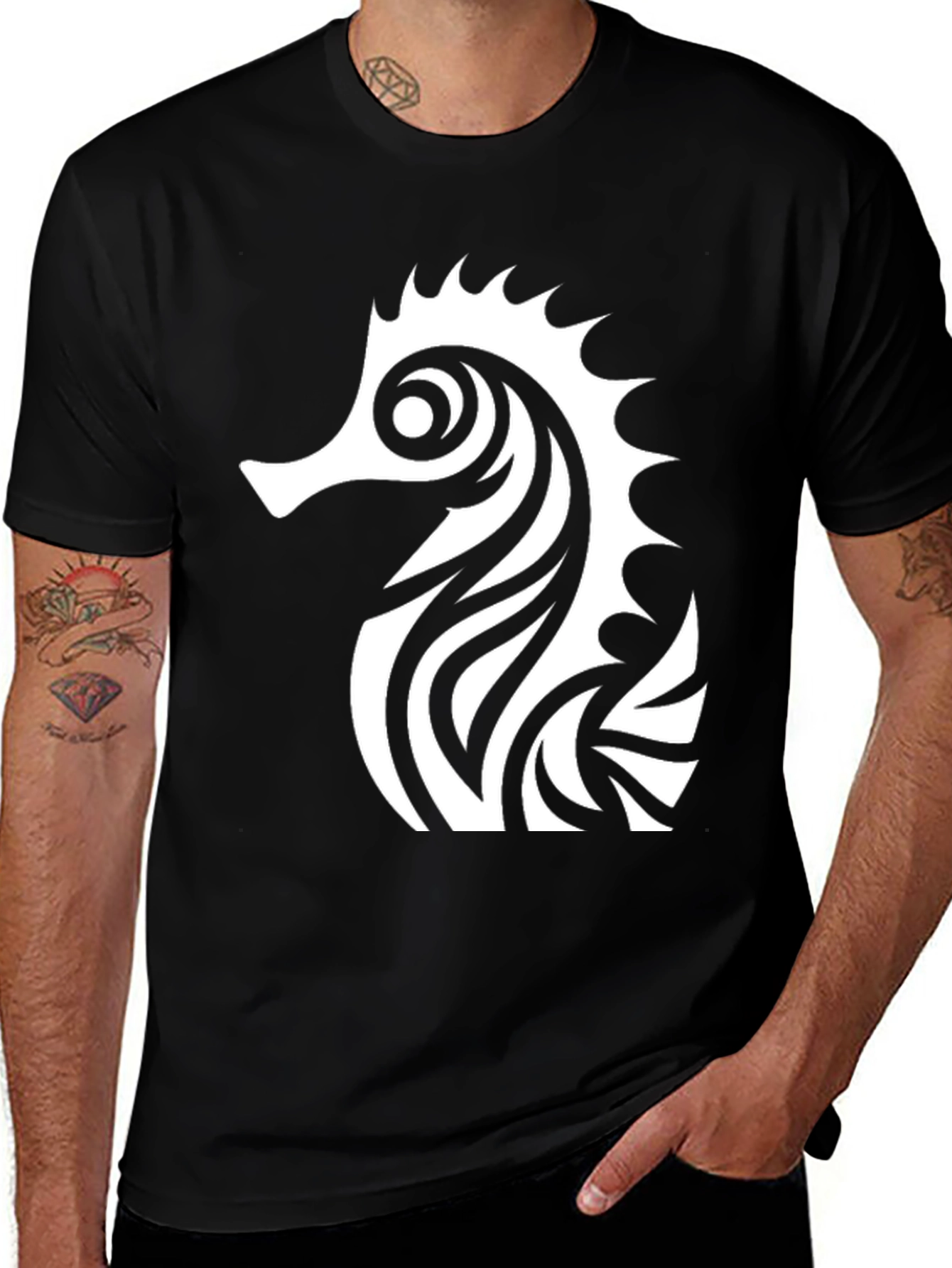 Variant 24 of Tribal Seahorse Graphic Black T-Shirt