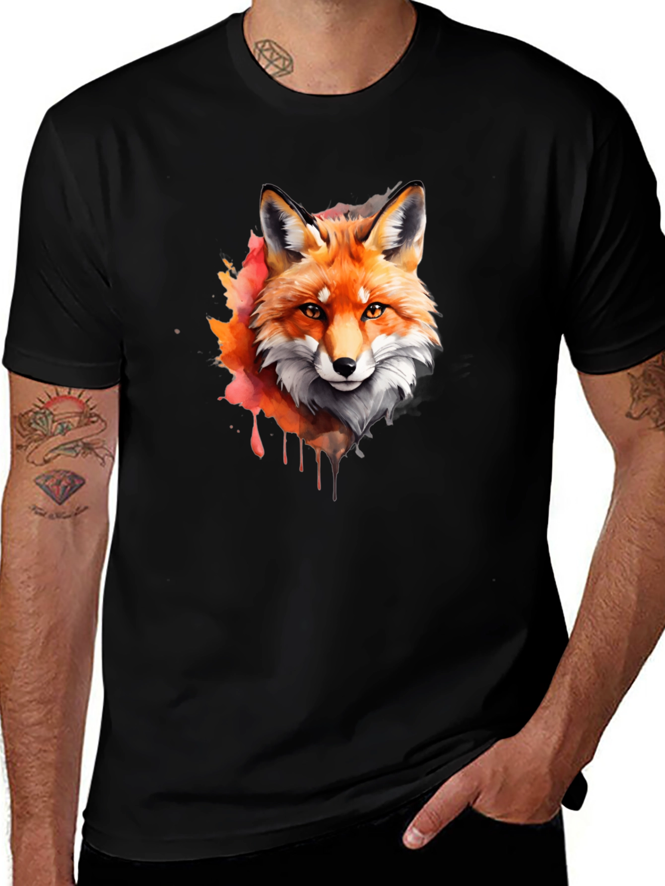 Black Fox Watercolor Graphic Tee - Stylish Men's Black T-Shirt main image