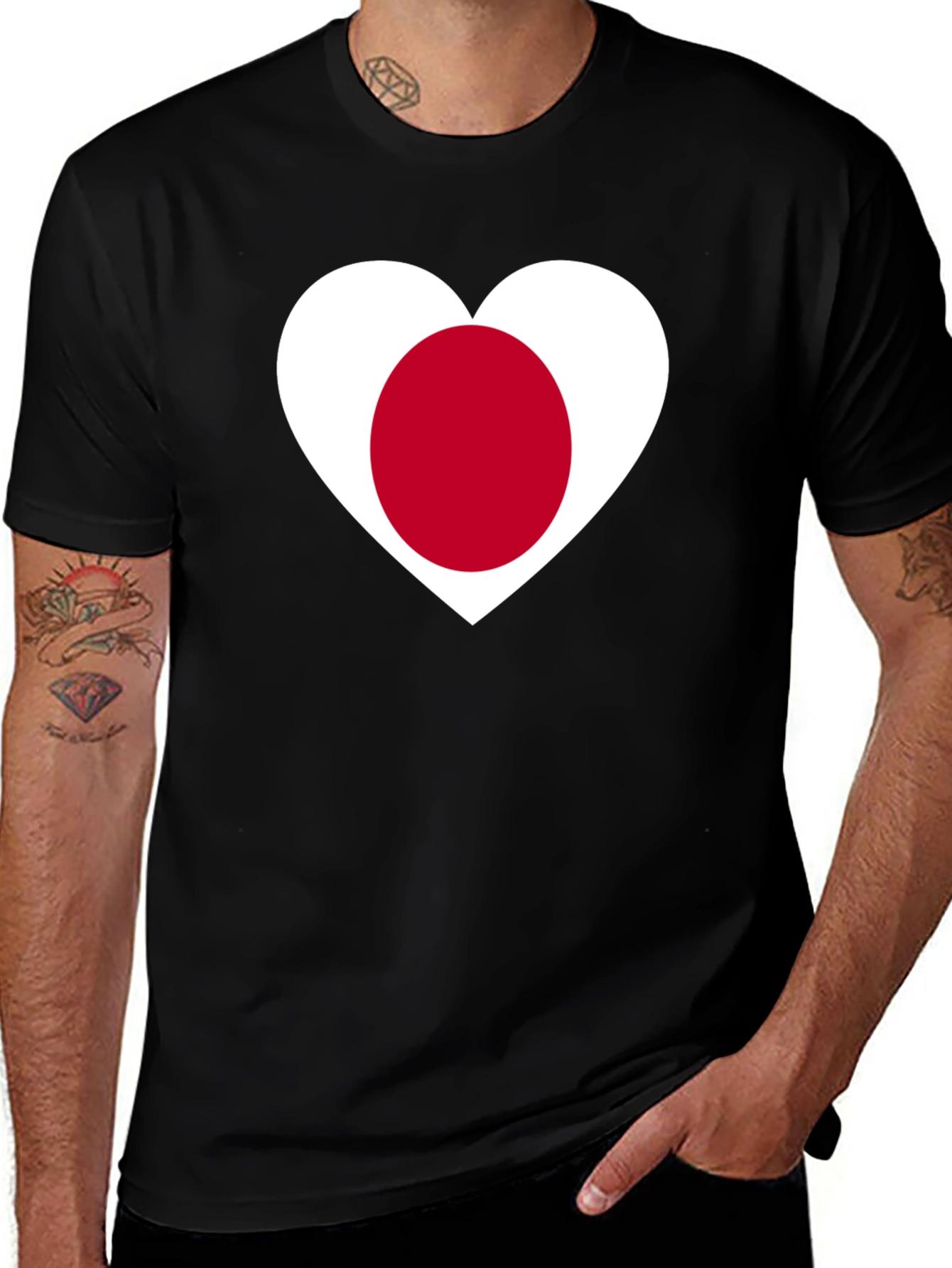 Variant 28 of Japanese Flag Heart T-Shirt - Black Cotton Tee