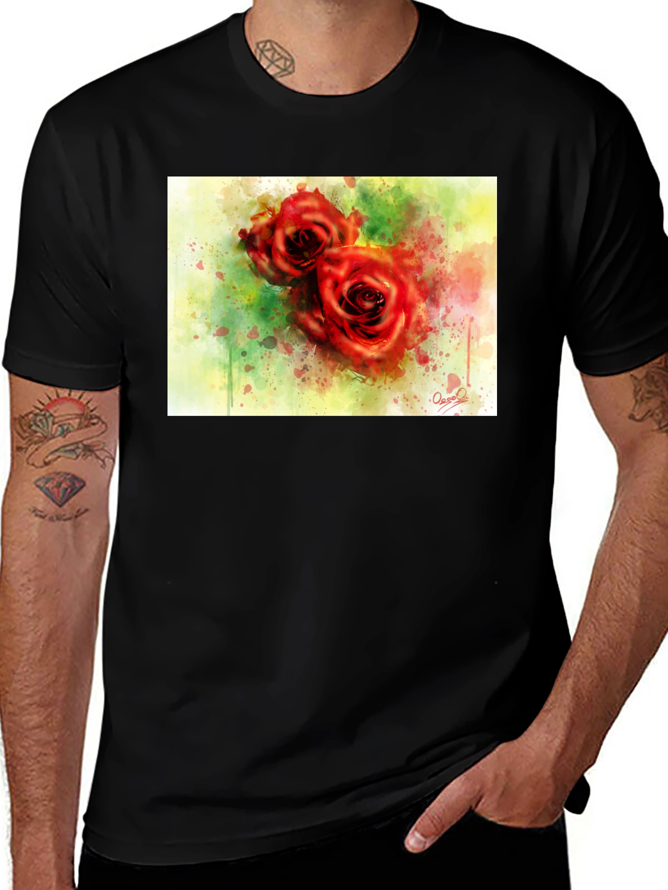 Variant 19 of Watercolor Roses Graphic Black T-Shirt
